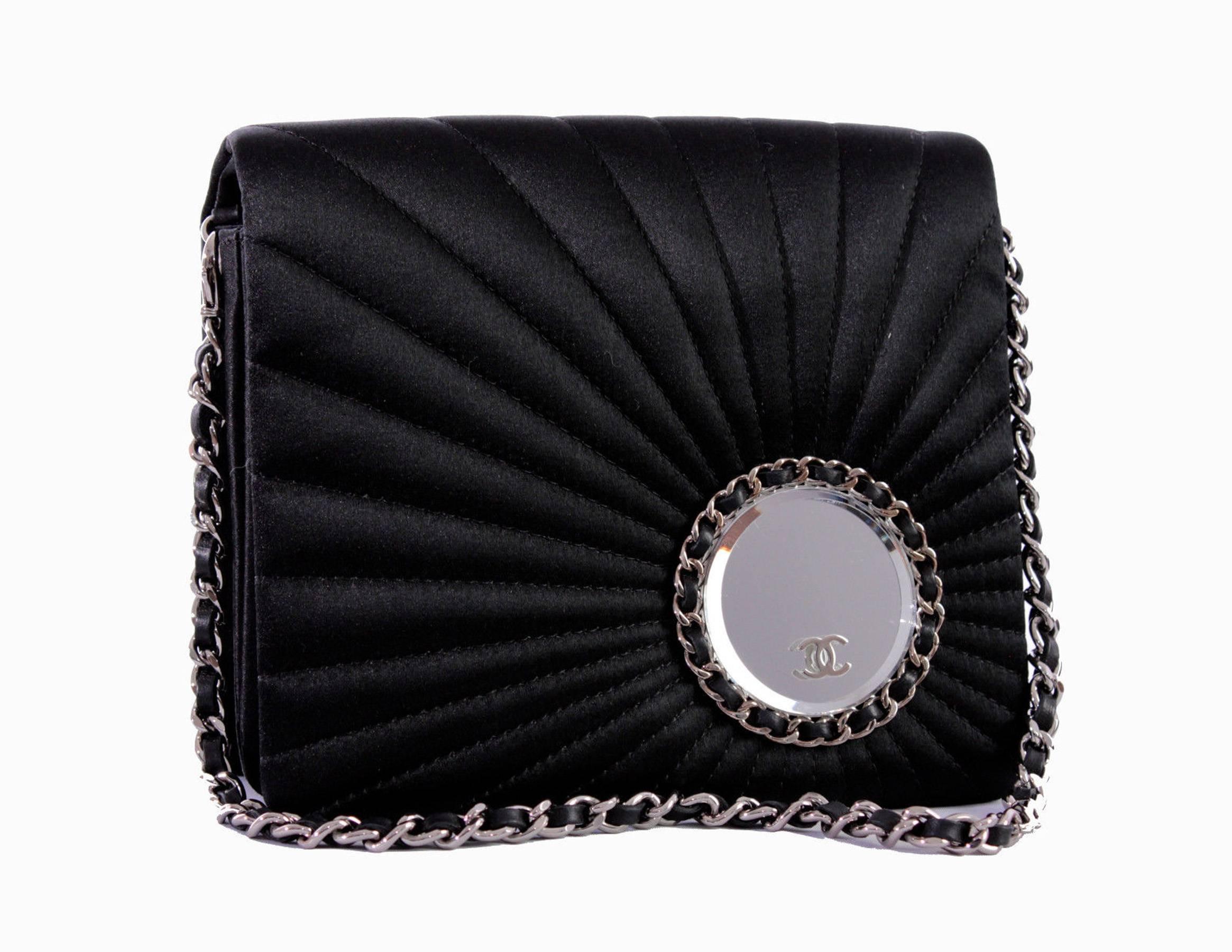 Chanel Evening Bag Black Stitched Silk Satin + Leather Chain Mirror Detail 2002 In Excellent Condition In Port Saint Lucie, FL