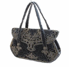 Vintage Late 1940s Saks Fifth Avenue Black Silk Beaded Evening Bag Handbag Made in Franc
