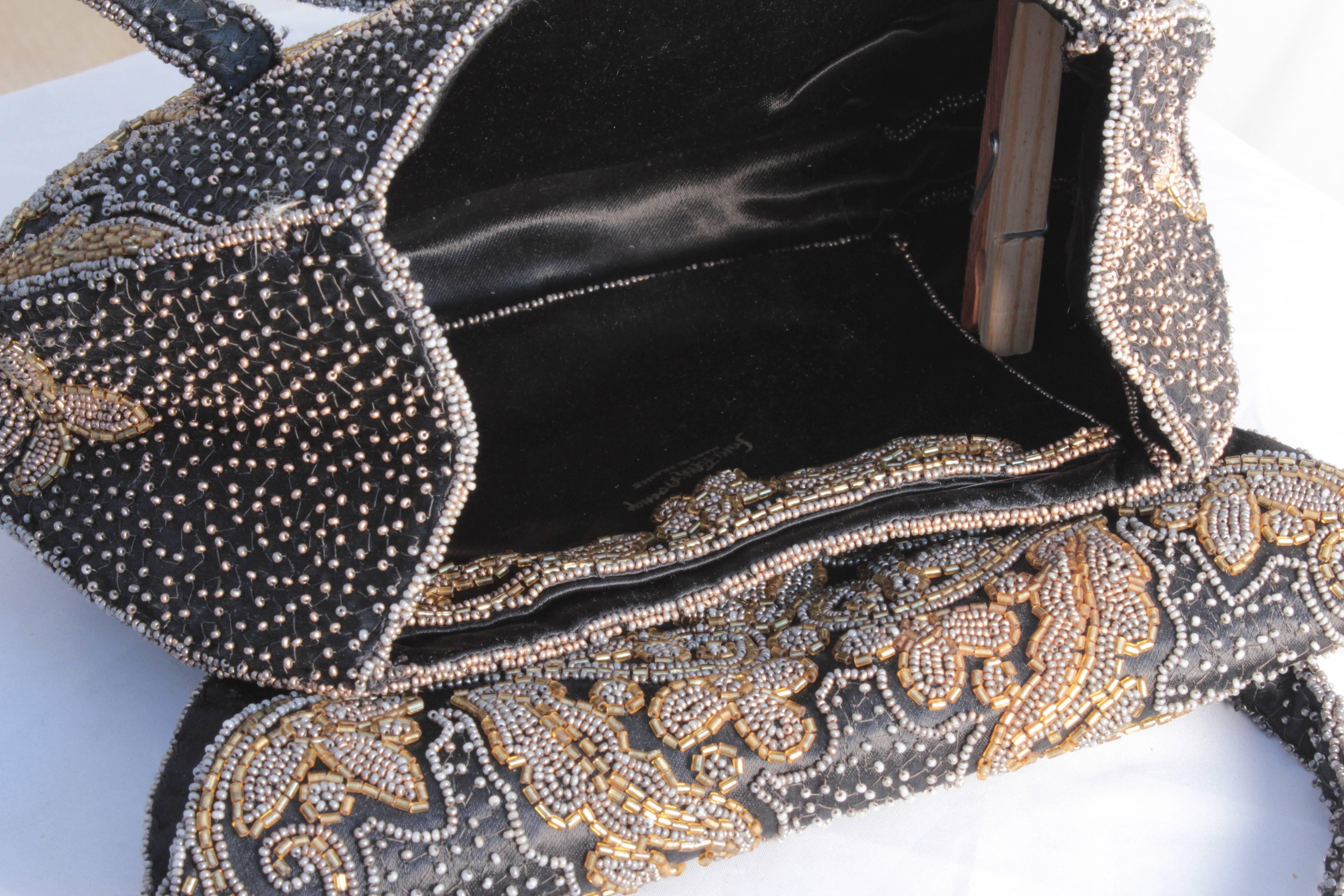 Late 1940s Saks Fifth Avenue Black Silk Beaded Evening Bag Handbag Made in Franc 4