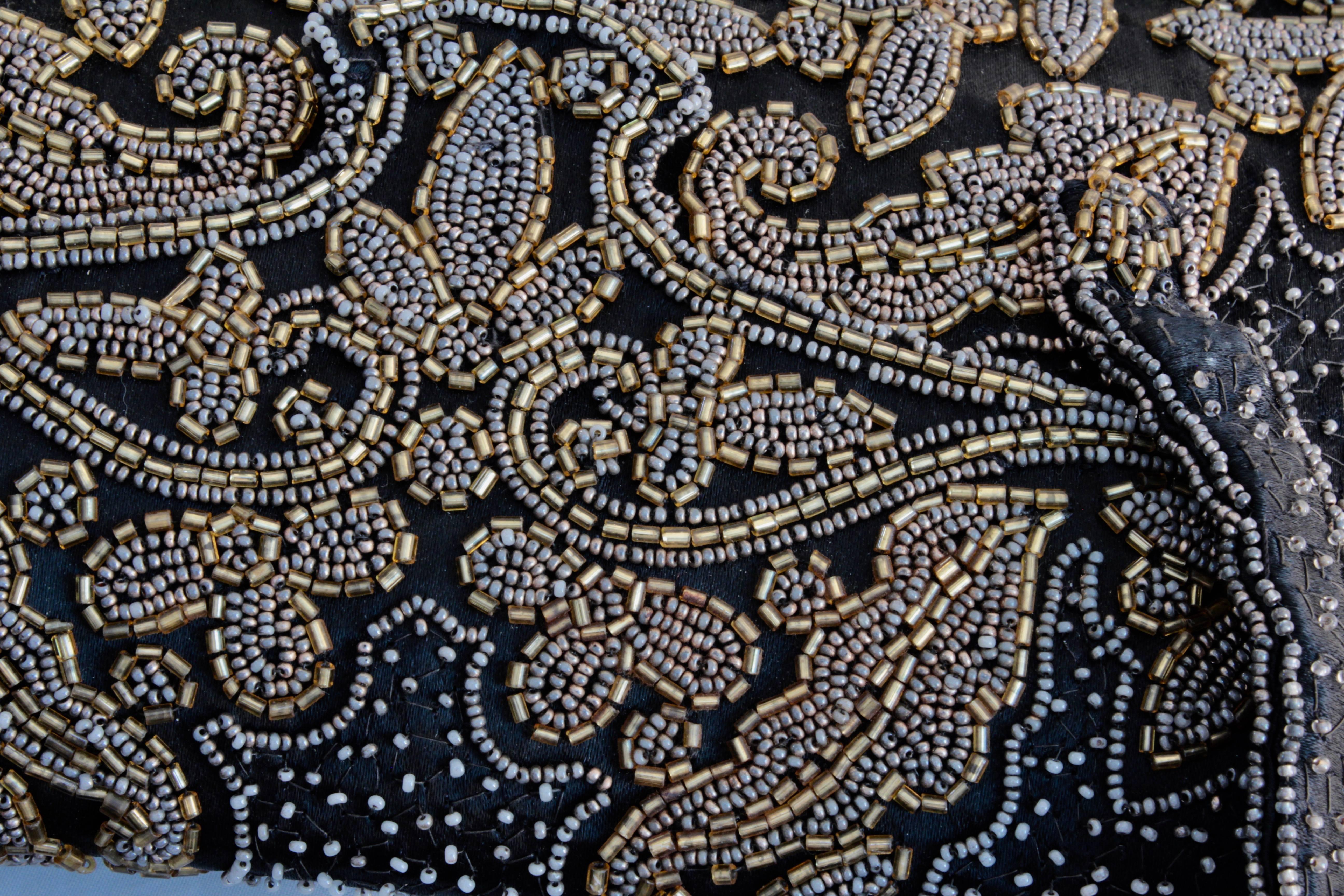Late 1940s Saks Fifth Avenue Black Silk Beaded Evening Bag Handbag Made in Franc 2