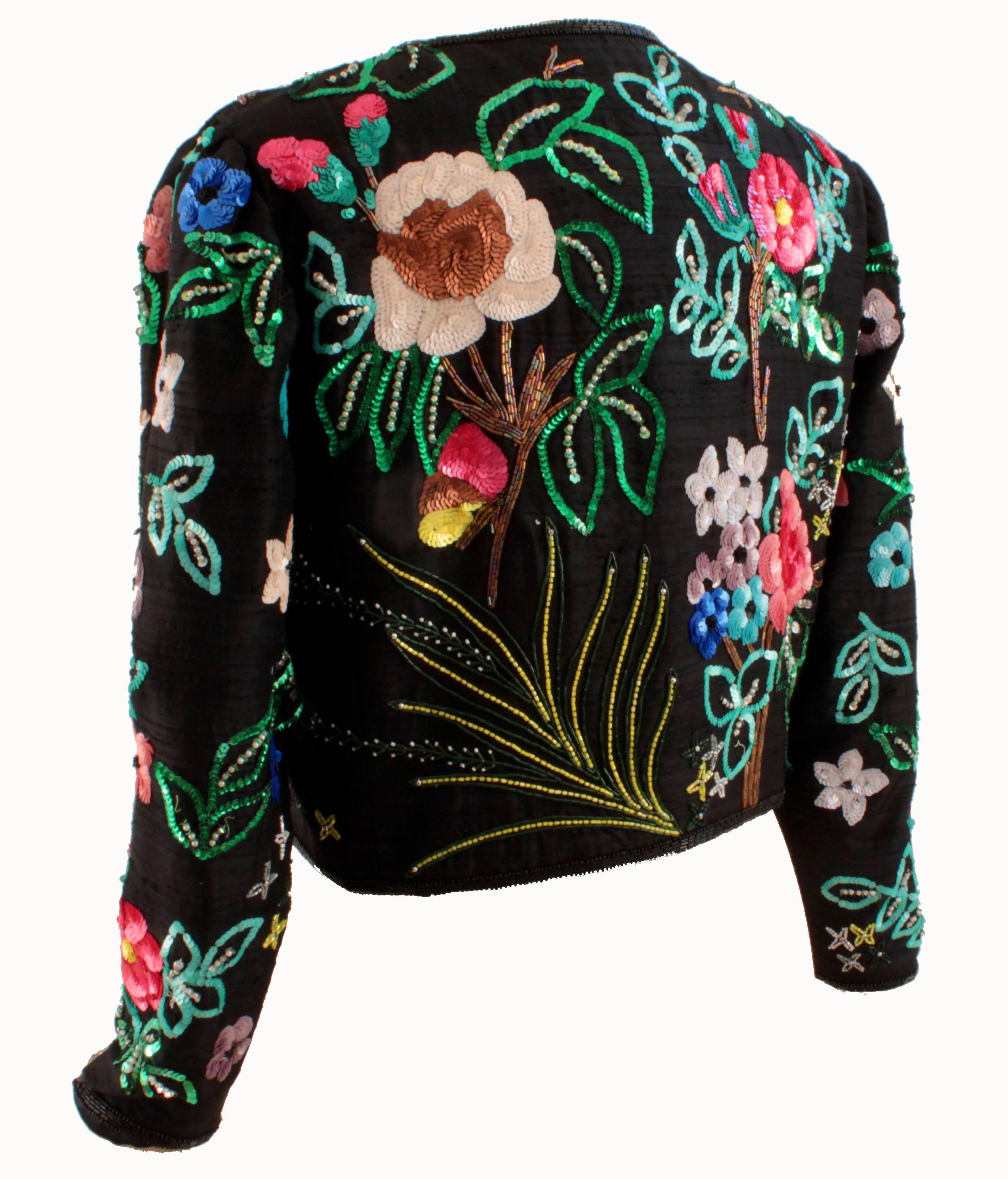 Black Jeanette Kastenberg St Martin Floral Sequins Bolero Evening Jacket, 1980s