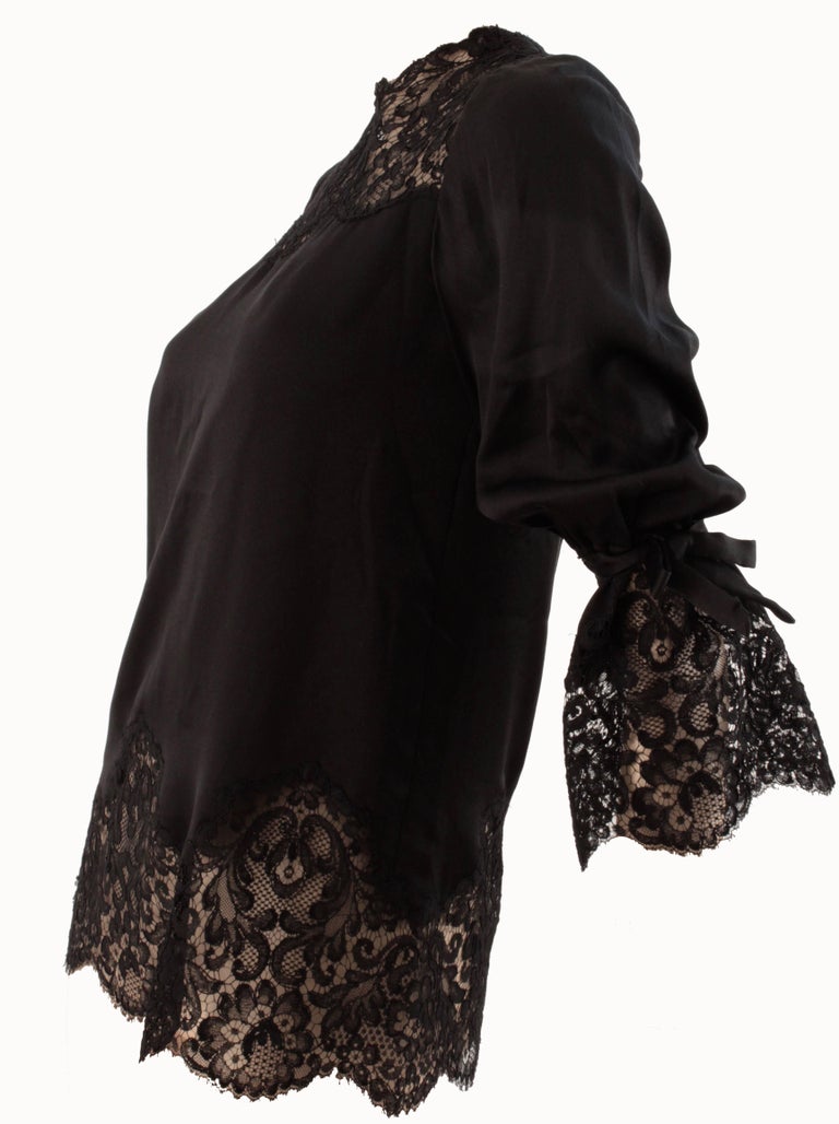 Rare Tiziani Roma Black Silk Blouse with Lace Bell Sleeves Haute ...