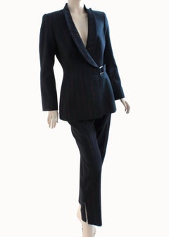 Chic Thierry Mugler Structured Jacket & Pant Suit Navy Pinstripe Wool Sz 38