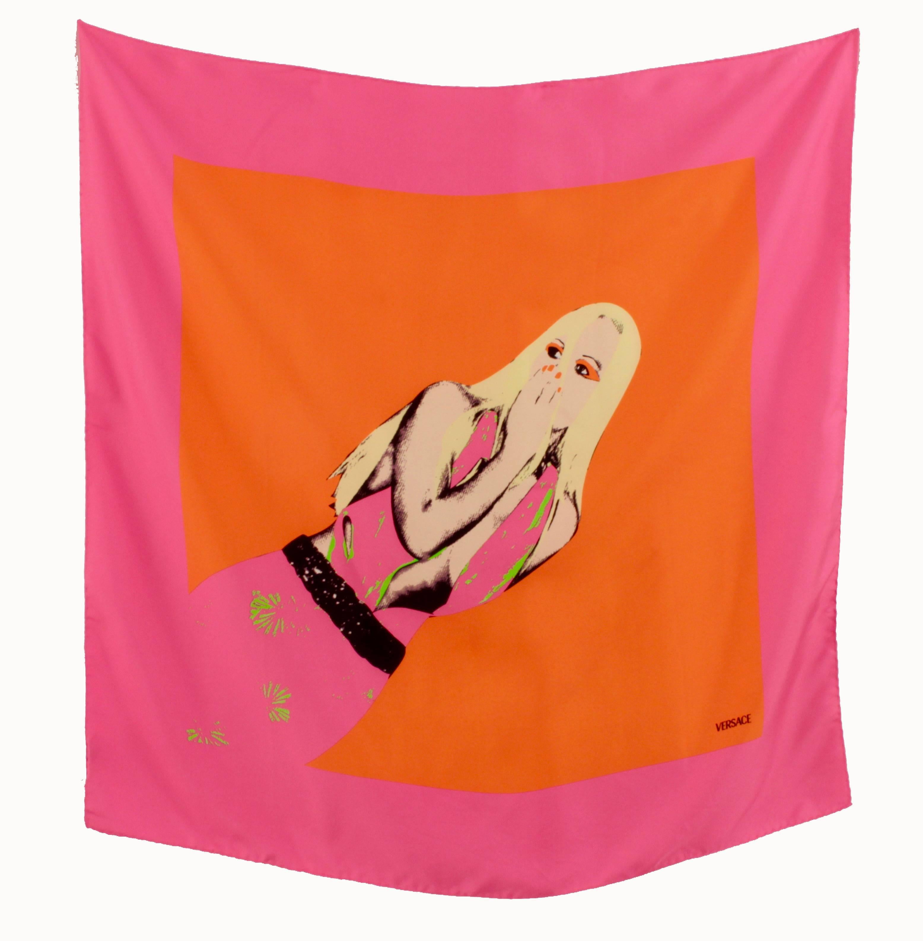 Versace Silk Scarf Large Wrap Pop Art Donatella Print Spring 2004 Runway 35in  In Excellent Condition In Port Saint Lucie, FL