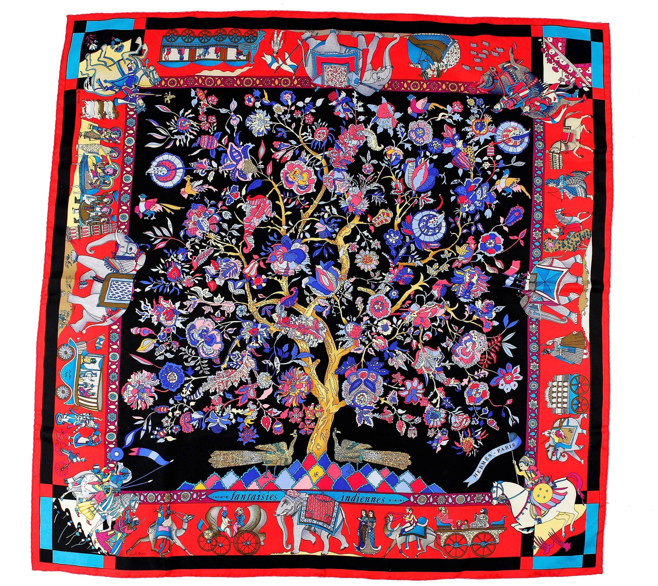 This colorful silk twill scarf was designed by Loic Dubigeon for Hermes, and most likely released in 2008, when Hermes theme was The Year of India.  This lovely colorway features mythological creatures, astronaut Rakesh Sharma, and a majestic tree