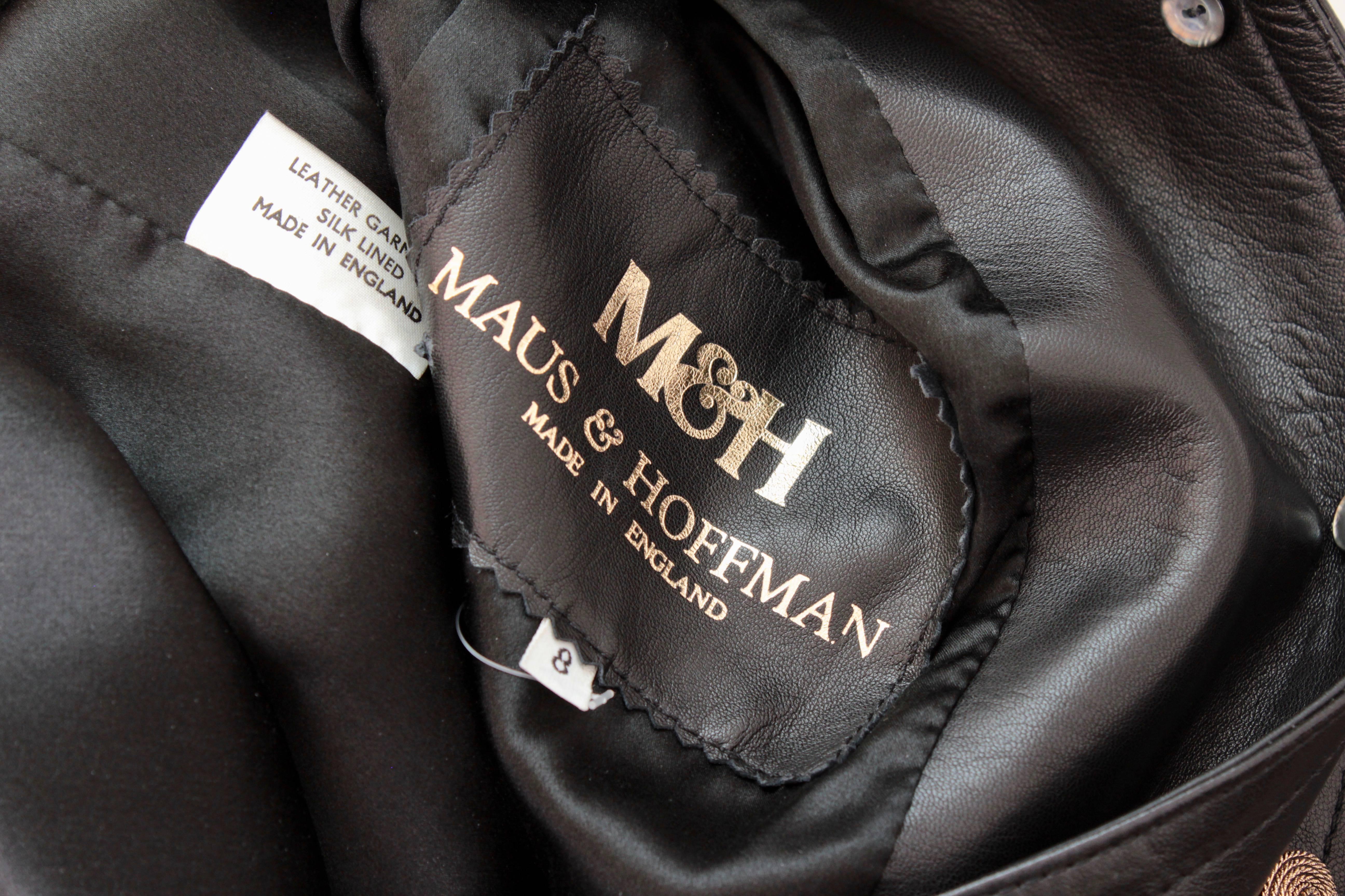 Maus & Hoffman Black Leather Jacket Ladies with Jewel Neckline England Sz 8 en vente 4