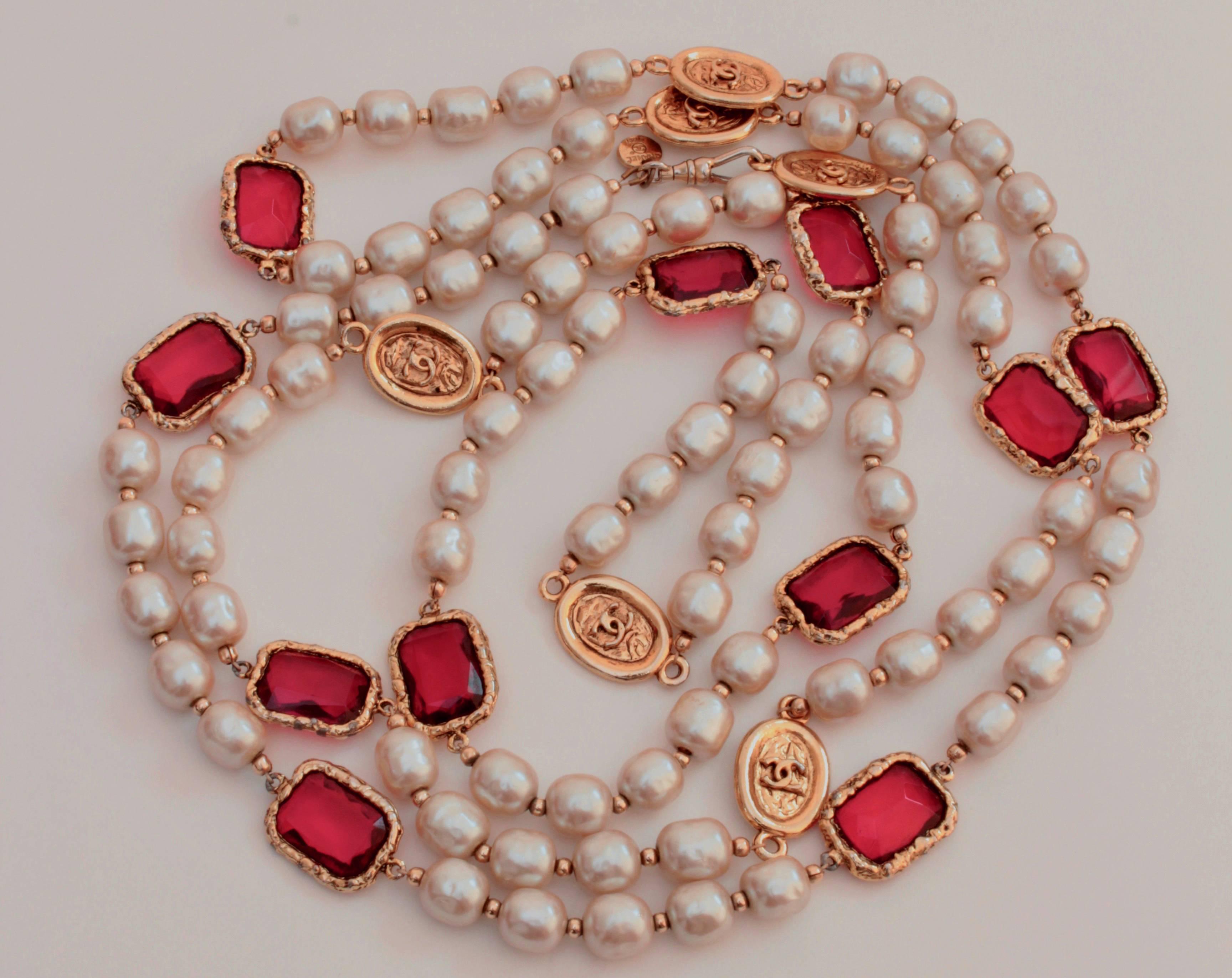 Women's or Men's Chanel Red Gripoix and Faux Pearl Opera Necklace Gold CC Logo Medallions 1981