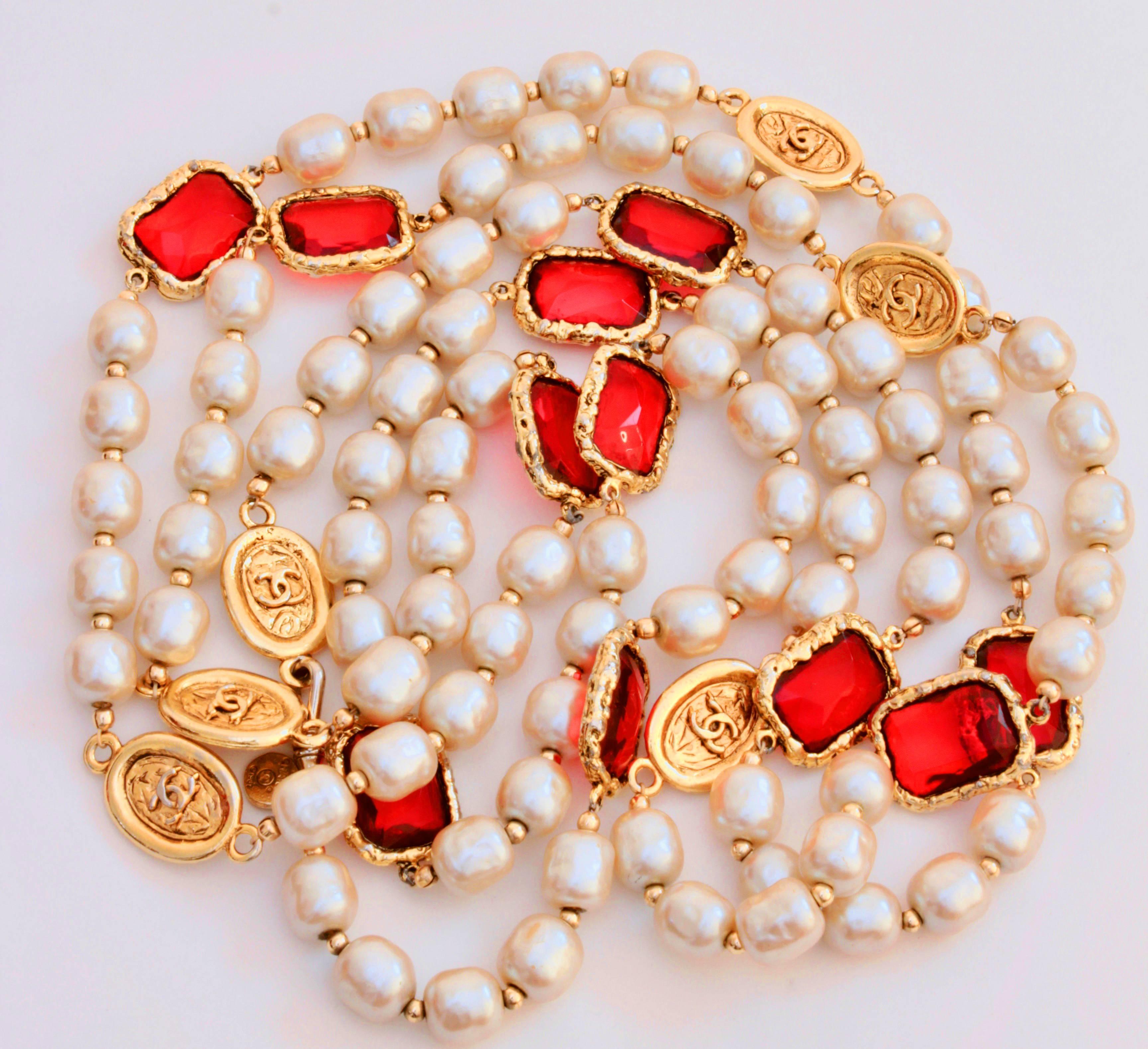 Baroque Chanel Red Gripoix and Faux Pearl Opera Necklace Gold CC Logo Medallions 1981