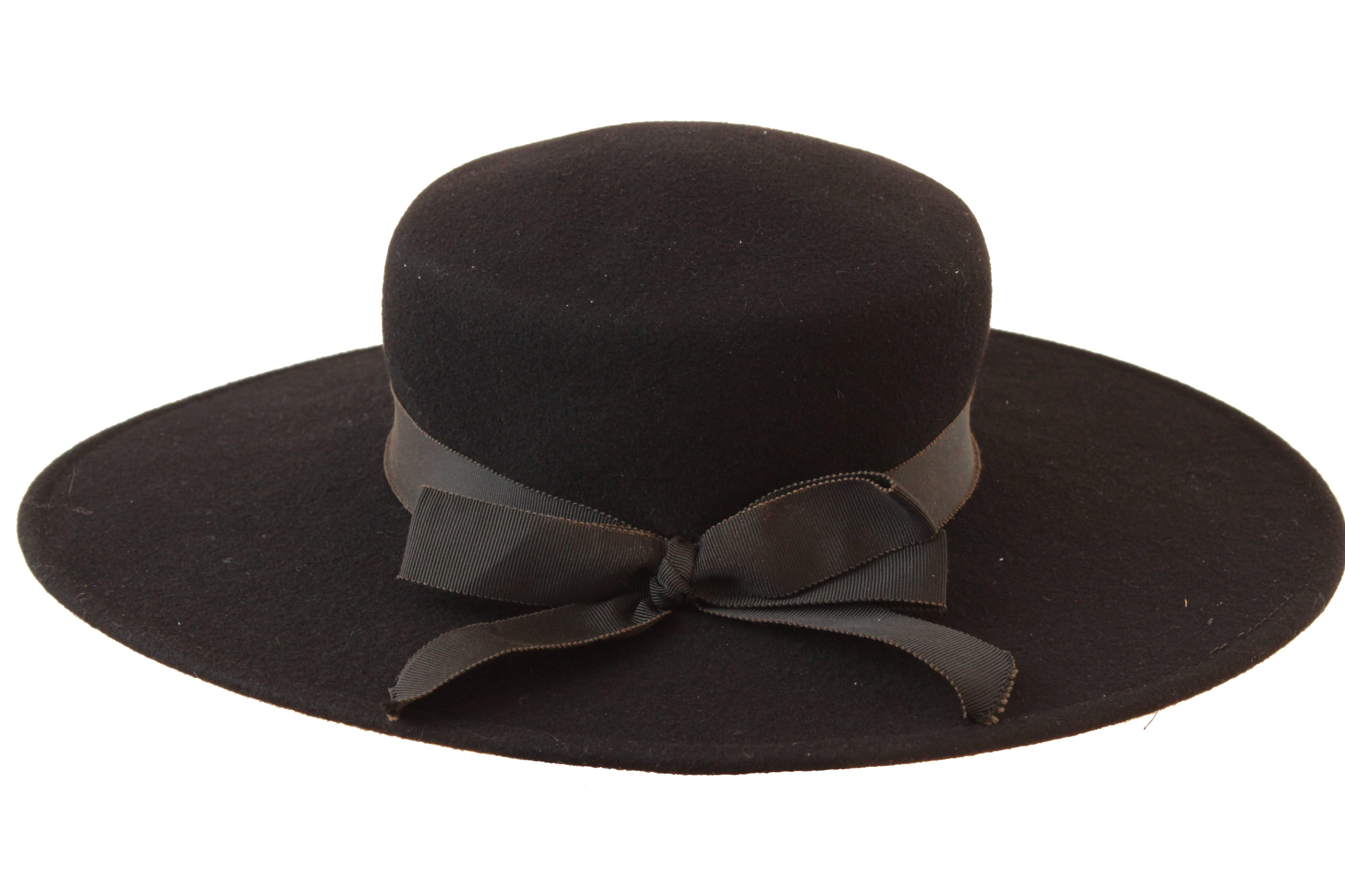 Women's 70s Yves Saint Laurent Wide Brim Hat Black Wool by Bollman Hat Co Sz S