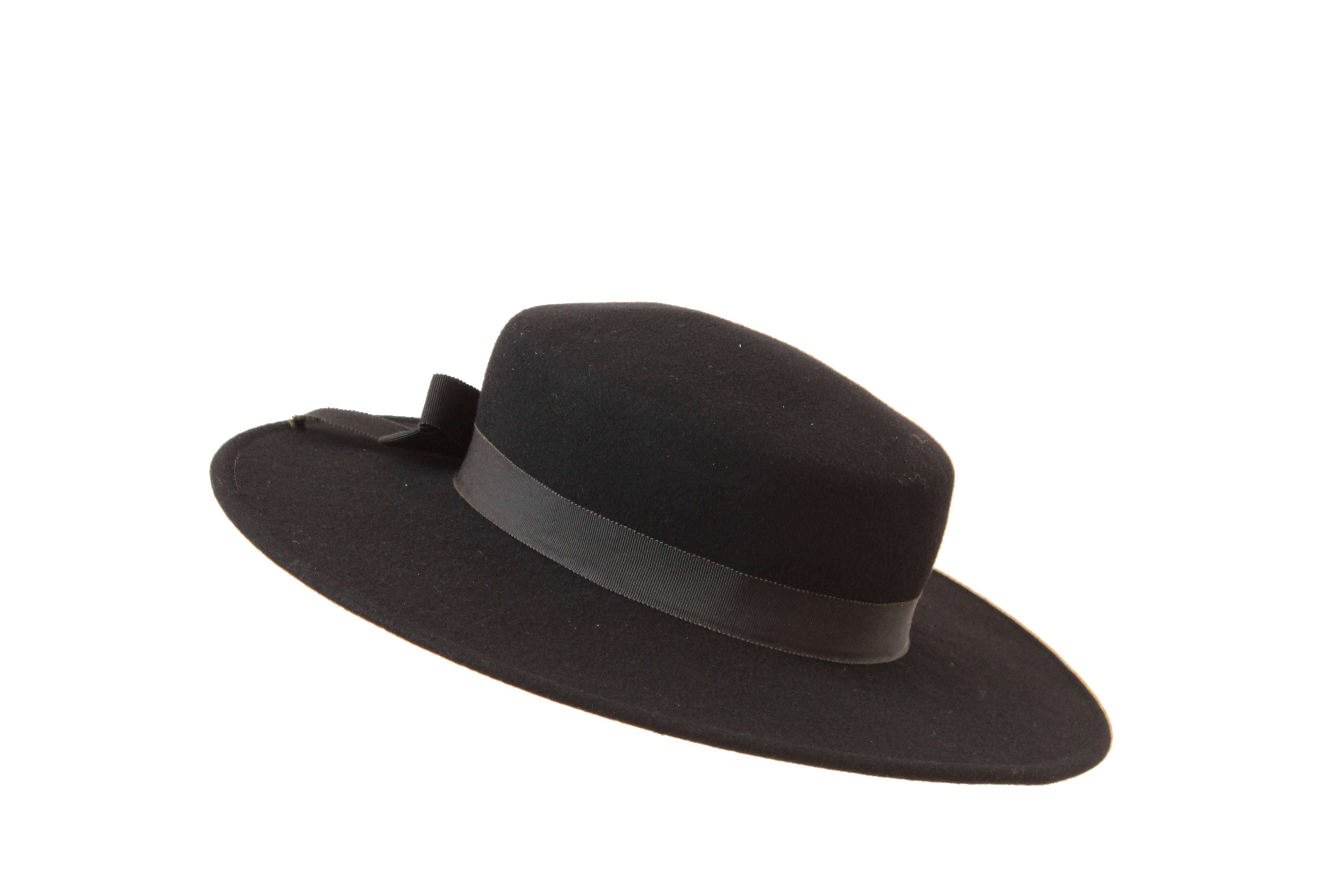 70s Yves Saint Laurent Wide Brim Hat Black Wool by Bollman Hat Co Sz S In Excellent Condition In Port Saint Lucie, FL