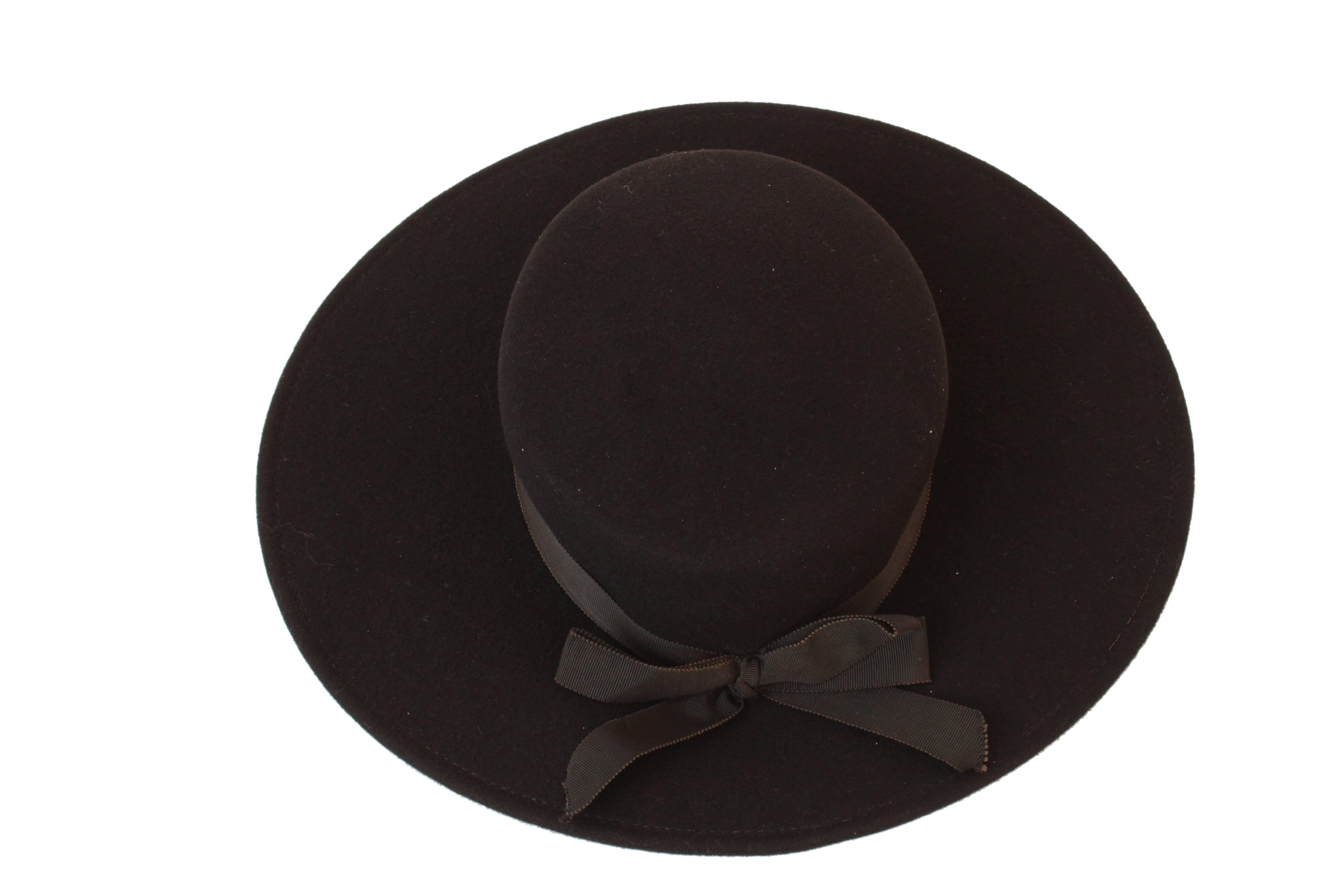 70s Yves Saint Laurent Wide Brim Hat Black Wool by Bollman Hat Co Sz S 1