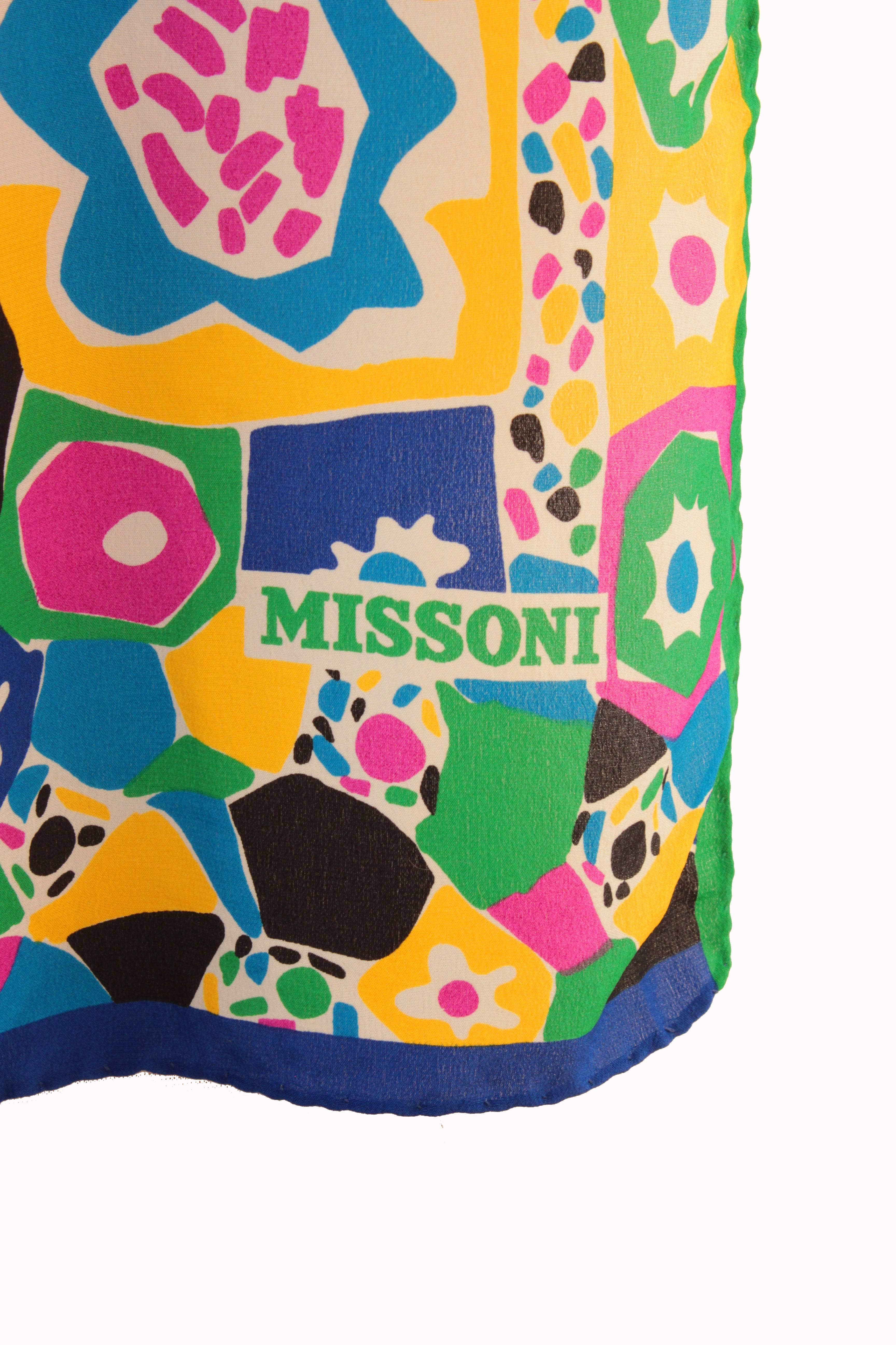 Women's or Men's Missoni Silk Scarf with Colorful Pop Art Flowers 62in x 12in Rare Print 1990s 