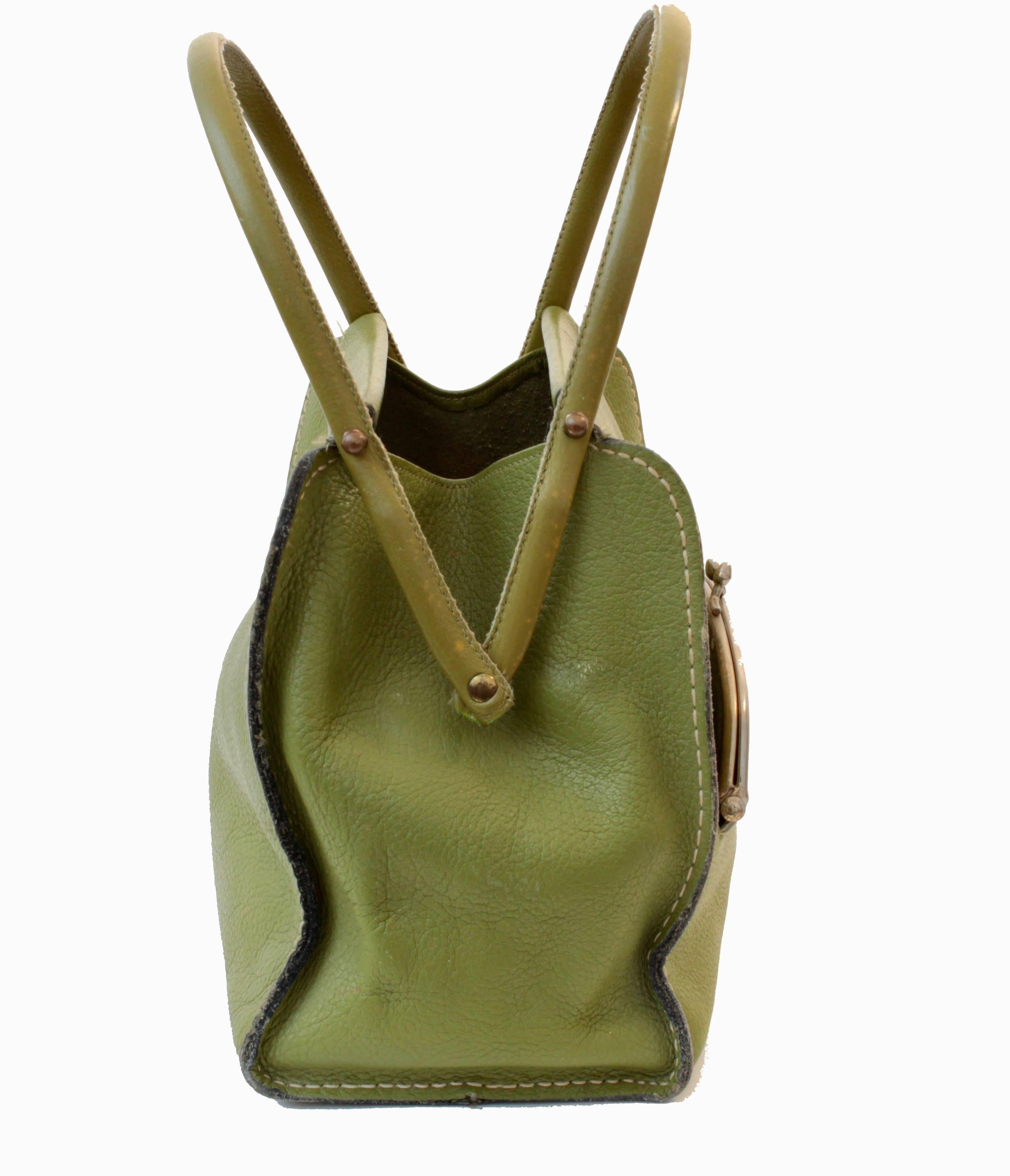 Brown Bonnie Cashin Lime Leather Tote Bag with Kiss Lock Coin Purse 60s Rare 