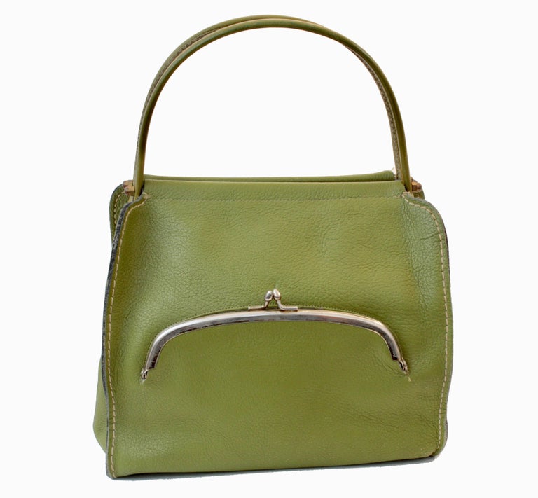 Bonnie Cashin Lime Leather Tote Bag with Kiss Lock Coin Purse 60s Rare
