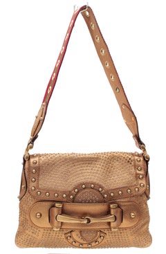 Gucci Gold Leather Borchie Studded Flap Bag with Red & Green Shoulder Strap