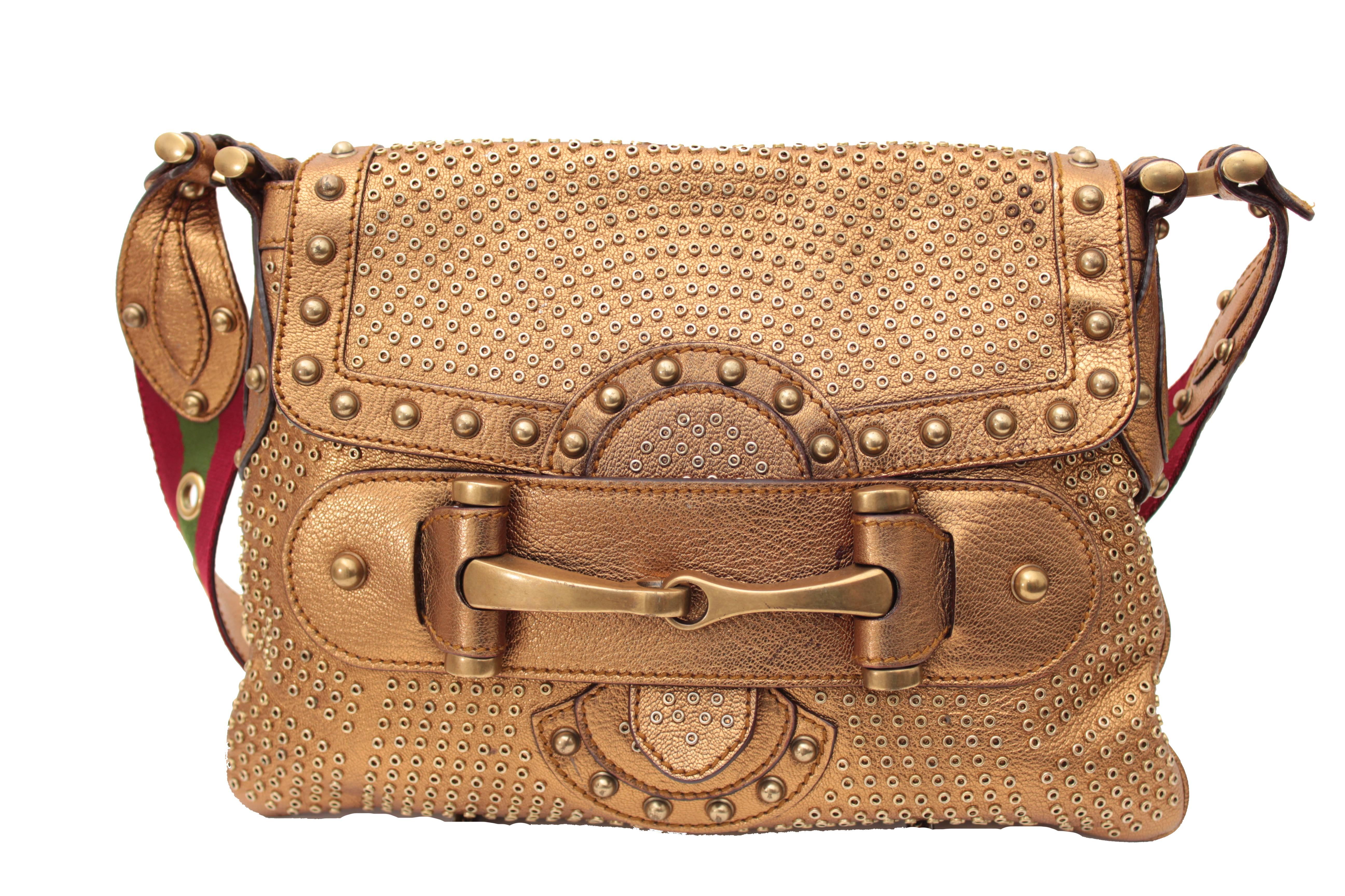 Brown Gucci Gold Leather Borchie Studded Flap Bag with Red & Green Shoulder Strap 