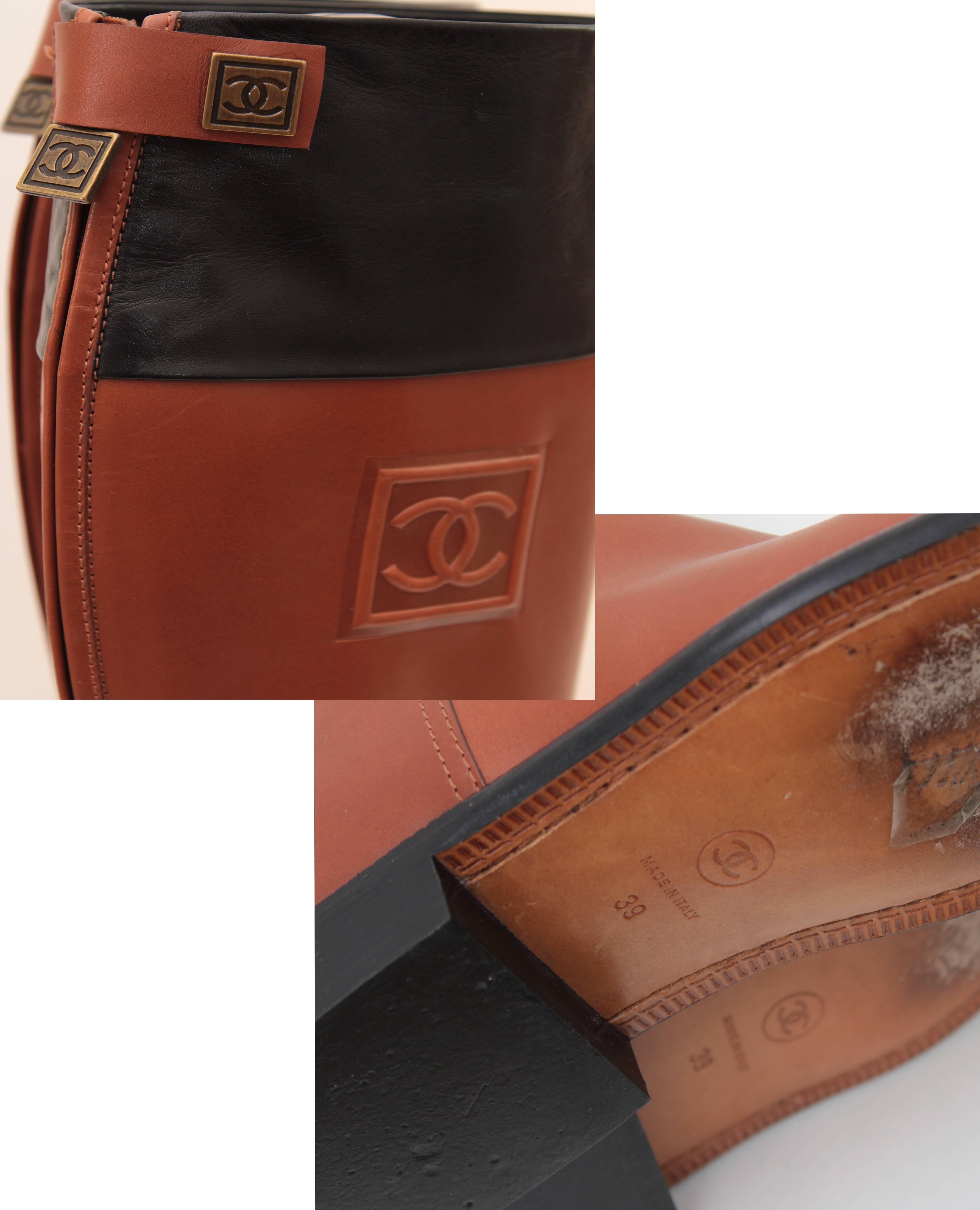 Chanel Tan & Black Leather Riding Boots Knee High CC logo Equestrian sz 39 + Box 2
