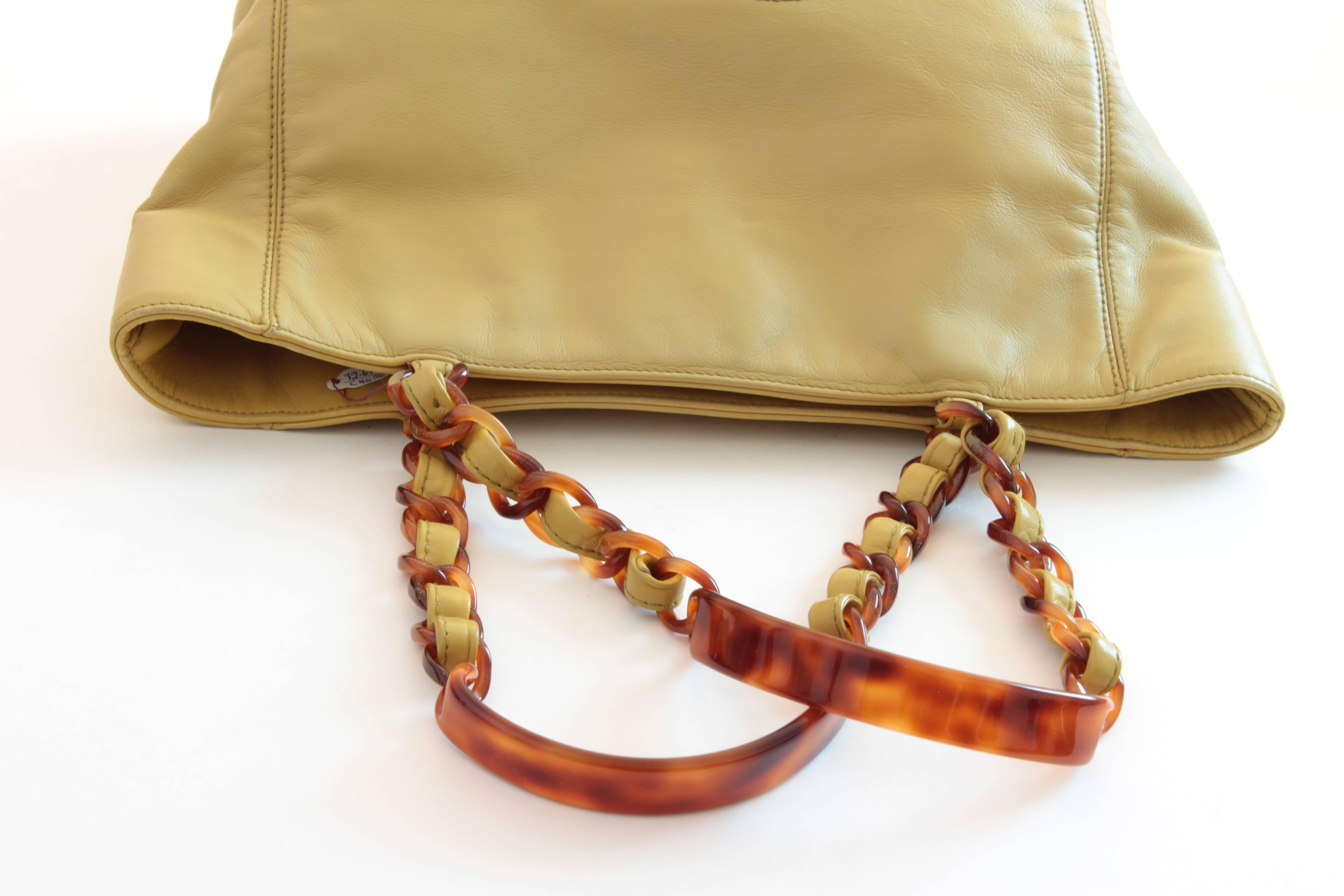 Chanel Chartreuse Leather Tote Bag with Faux Tortoise Chain Handles 90s 1