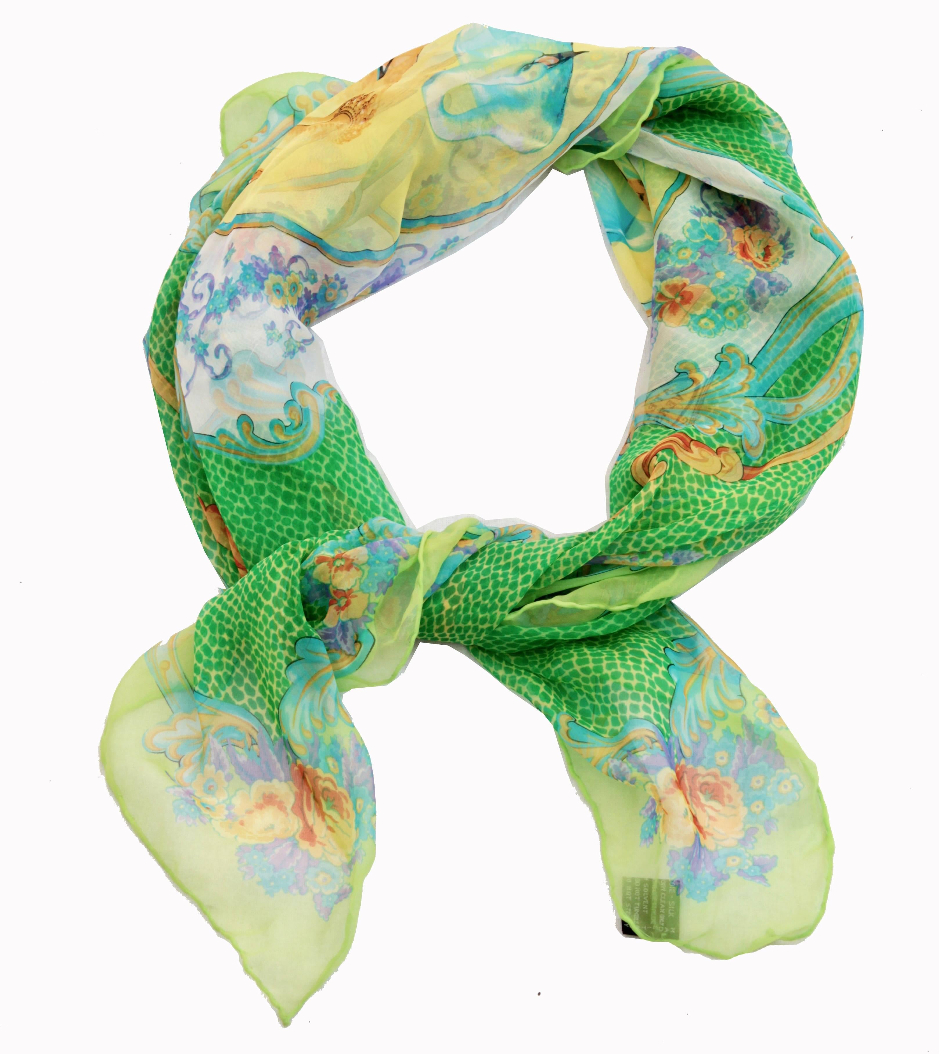 Green Versace Atelier Silk Chiffon Scarf Wrap 34in Four Swans Floral Baroque 90s 