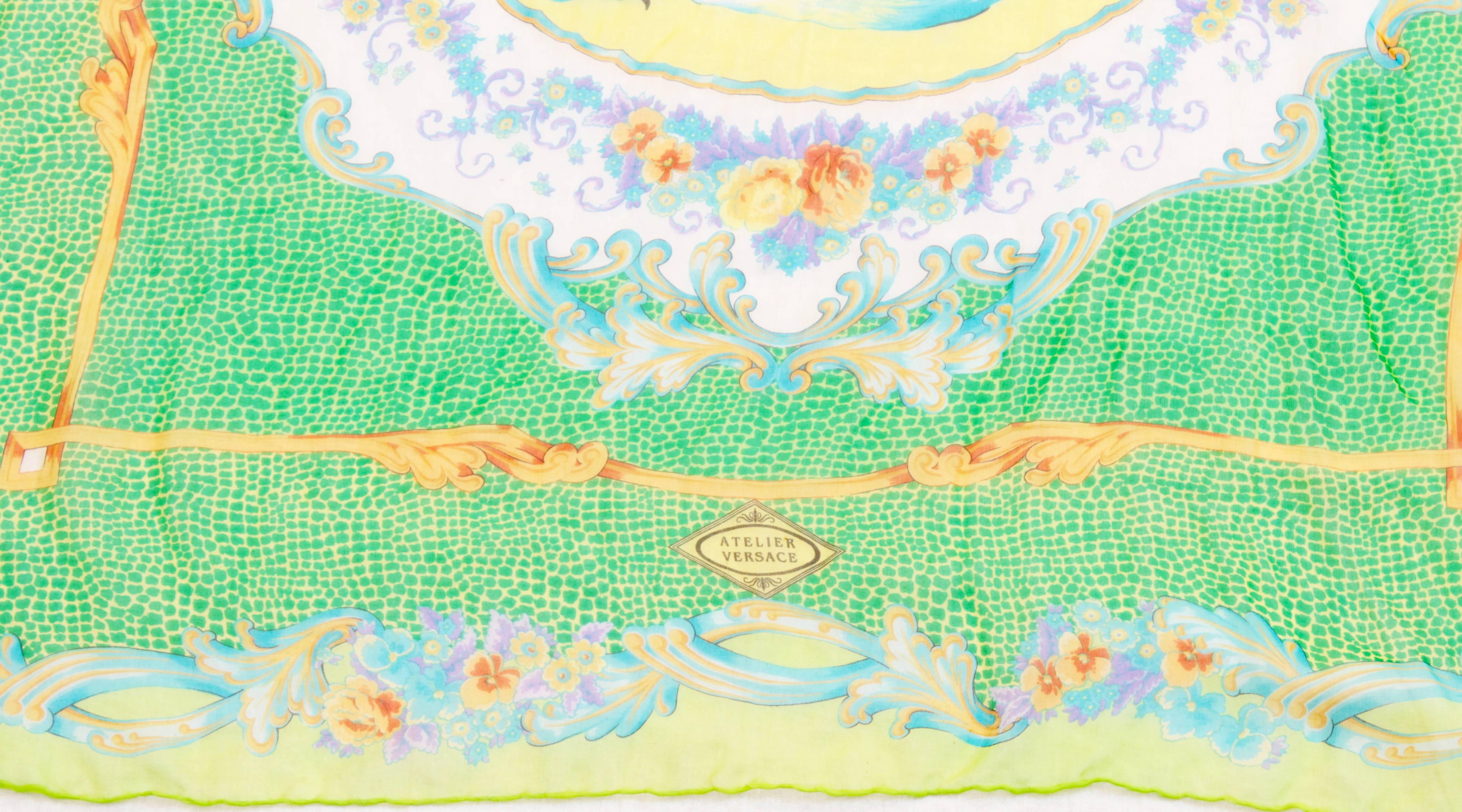 Versace Atelier Silk Chiffon Scarf Wrap 34in Four Swans Floral Baroque 90s  3
