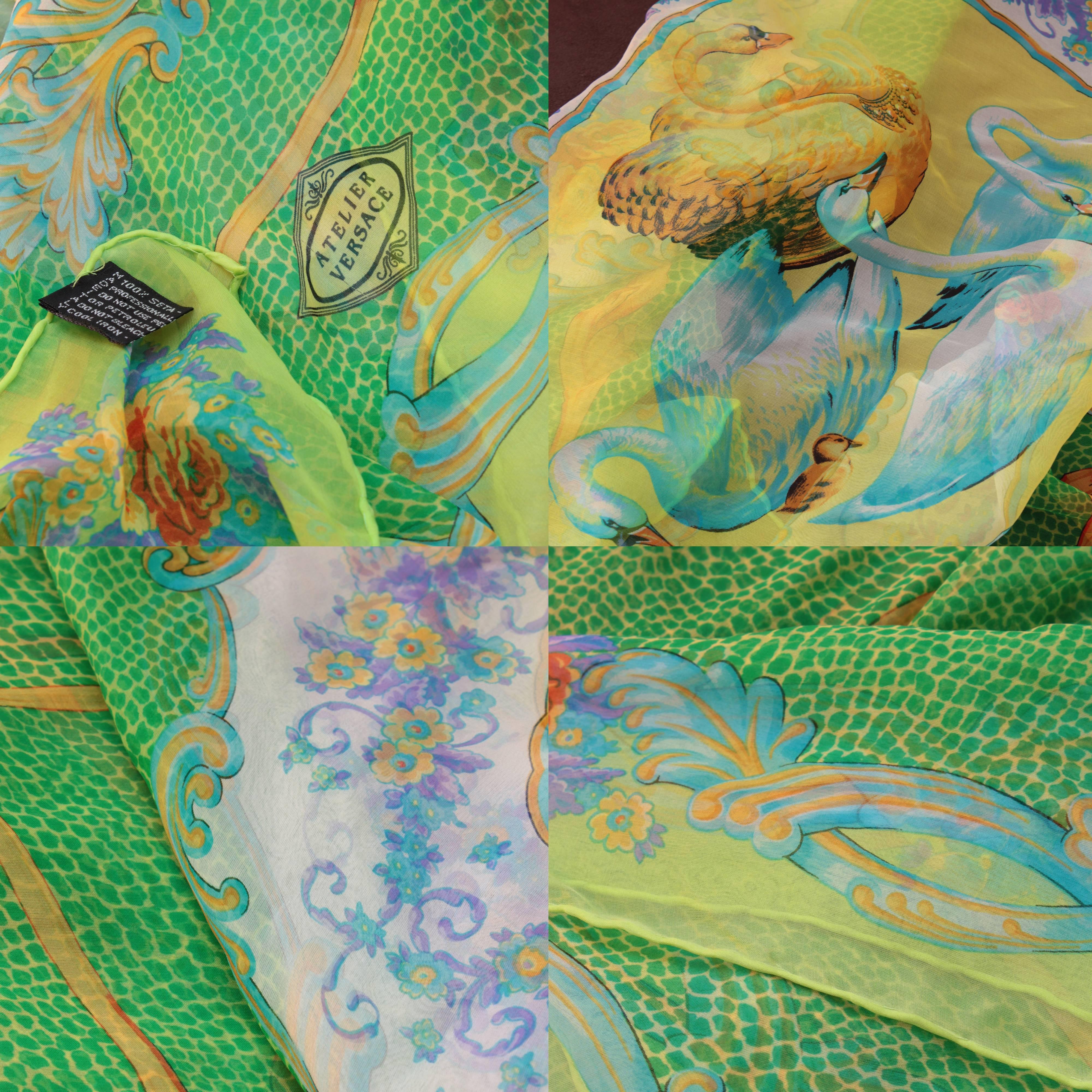 Versace Atelier Silk Chiffon Scarf Wrap 34in Four Swans Floral Baroque 90s  4