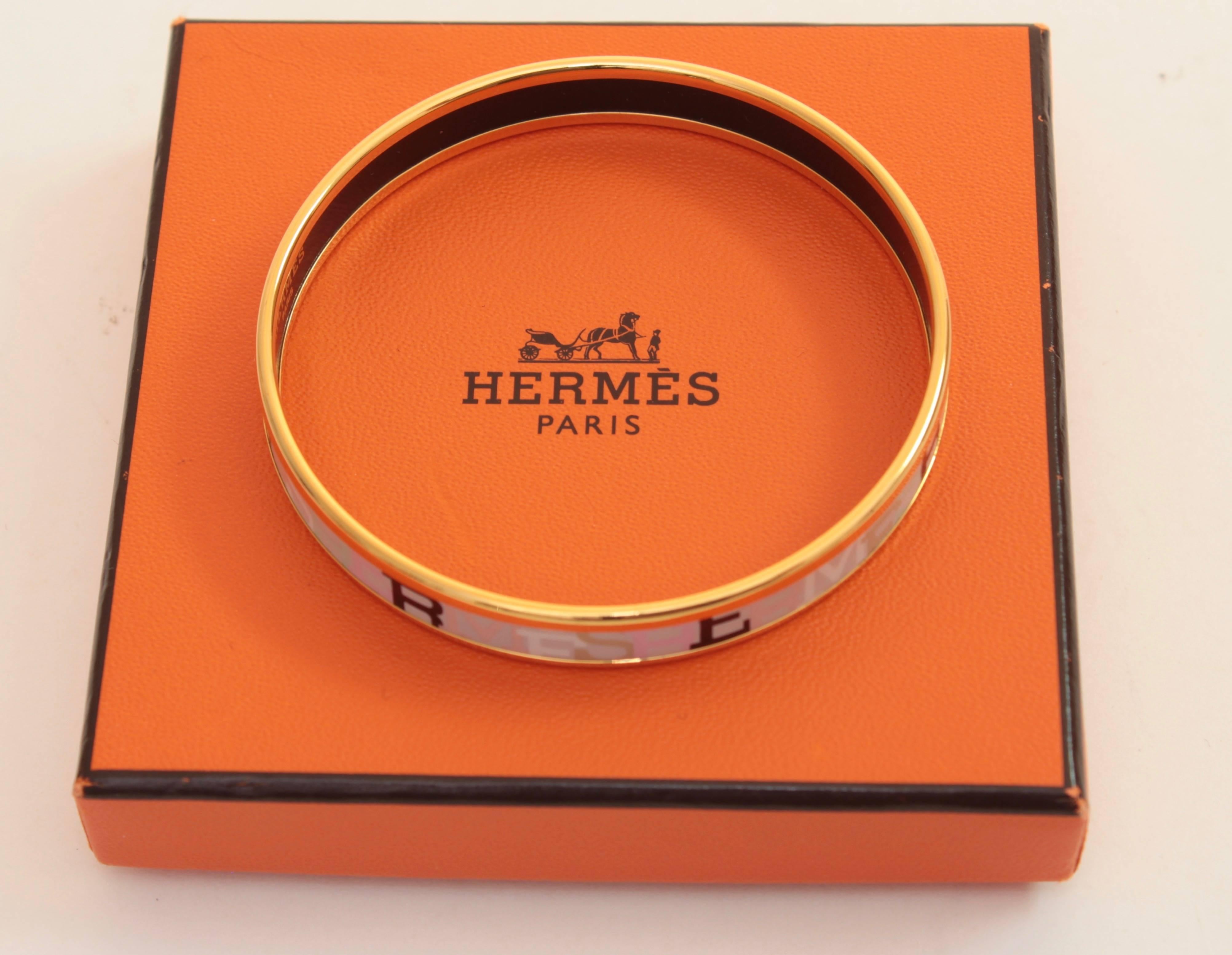 Hermes Paris Logos Narrow Enamel Bracelet Gold Plated Bangle + Box Size 62 1