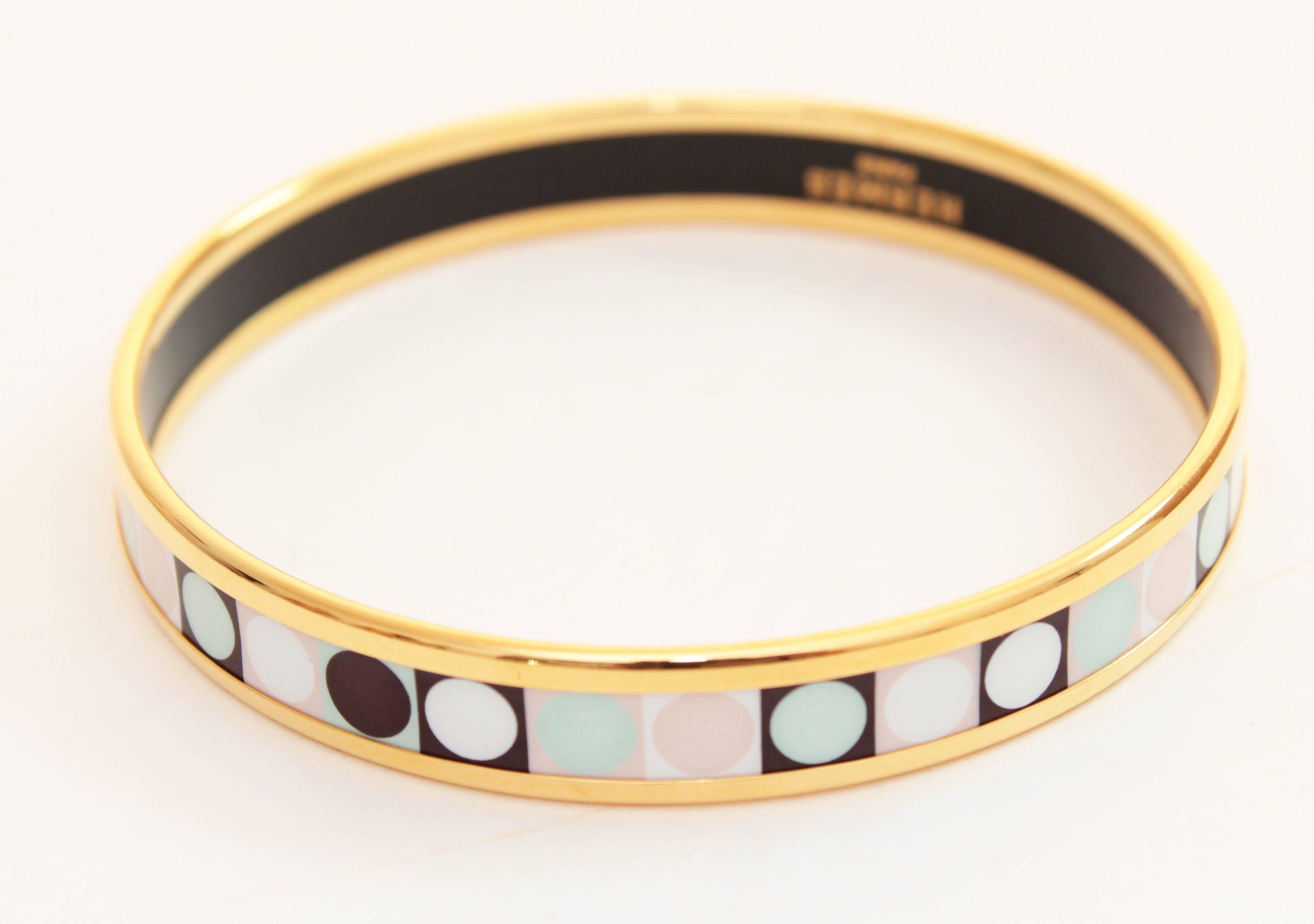 Hermes Narrow Enamel Bracelet Colorful Dots Bangle Gold Plated Size 62 + Box  1