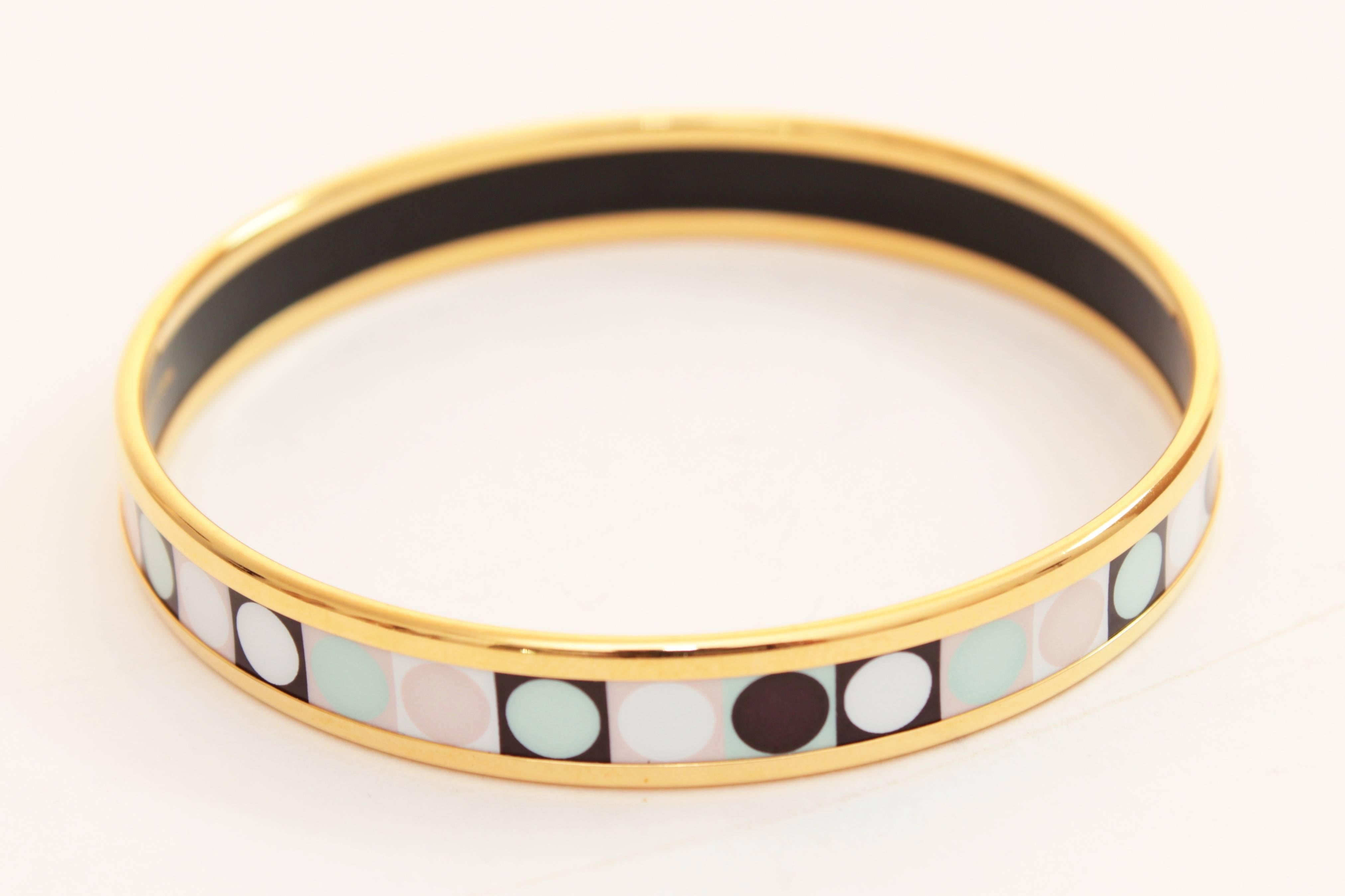 Women's or Men's Hermes Narrow Enamel Bracelet Colorful Dots Bangle Gold Plated Size 62 + Box 