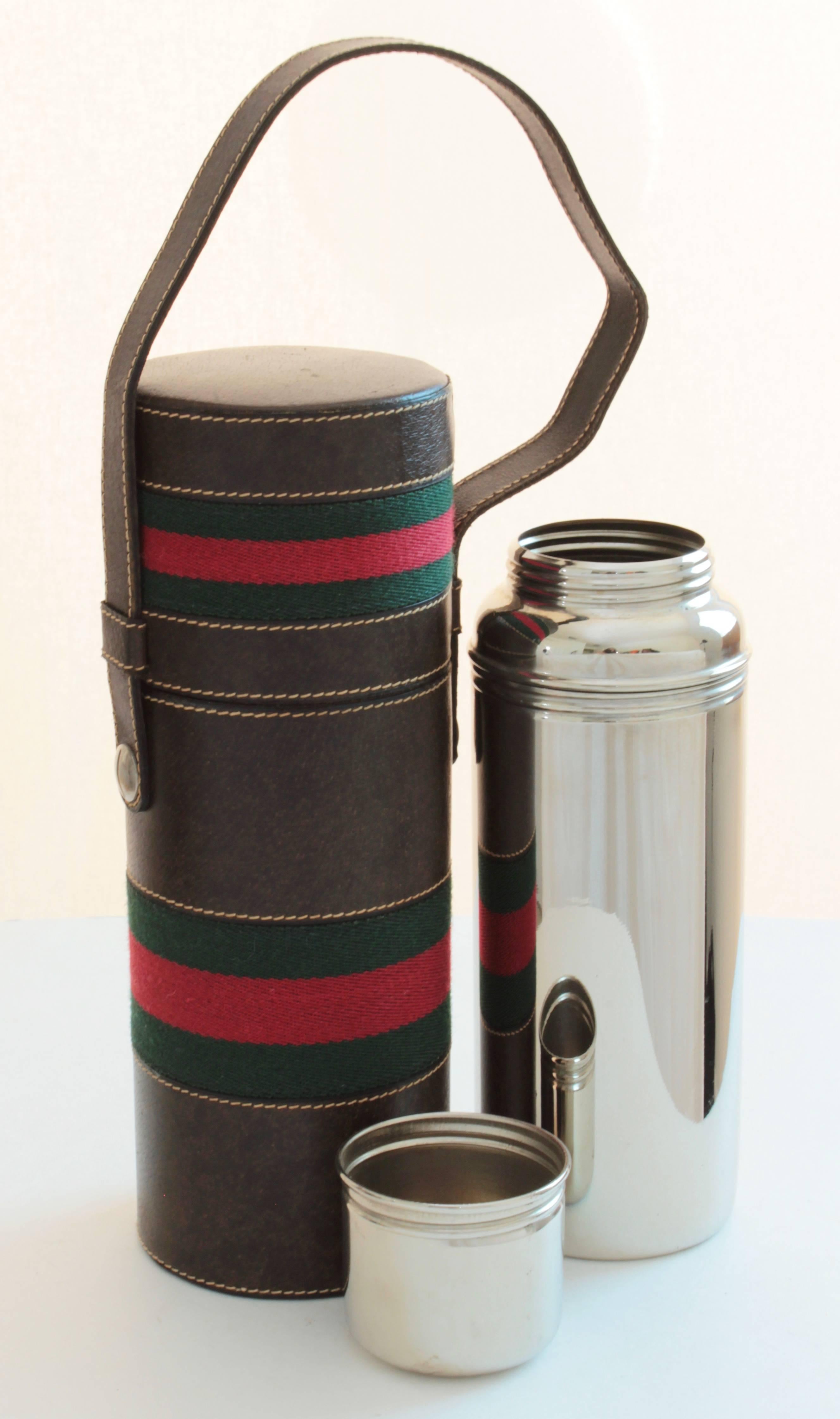 Gucci Brown Leather Thermos Tote Bag Red Green Webbing Barware 1970s In Good Condition In Port Saint Lucie, FL
