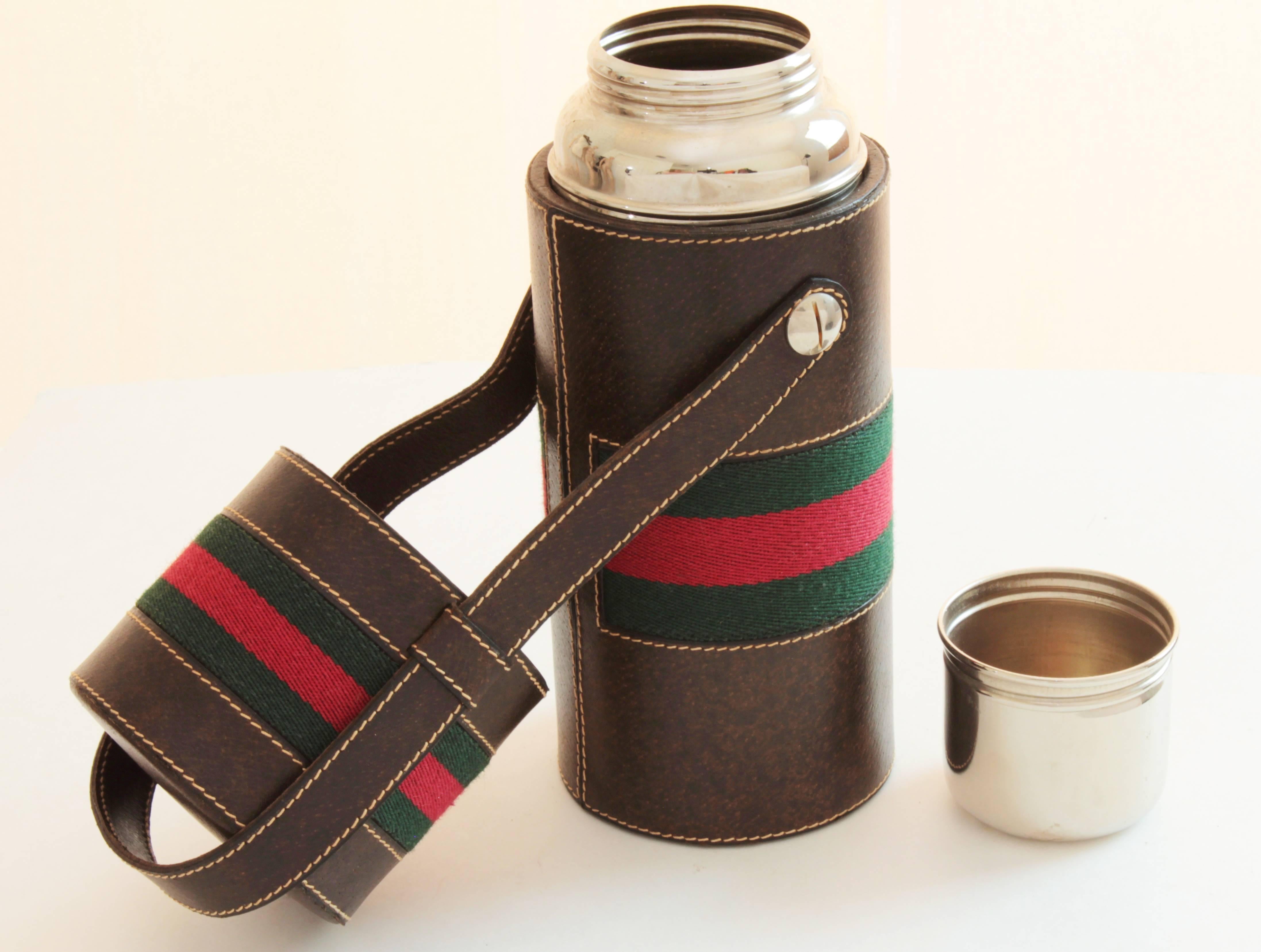 Black Gucci Brown Leather Thermos Tote Bag Red Green Webbing Barware 1970s 