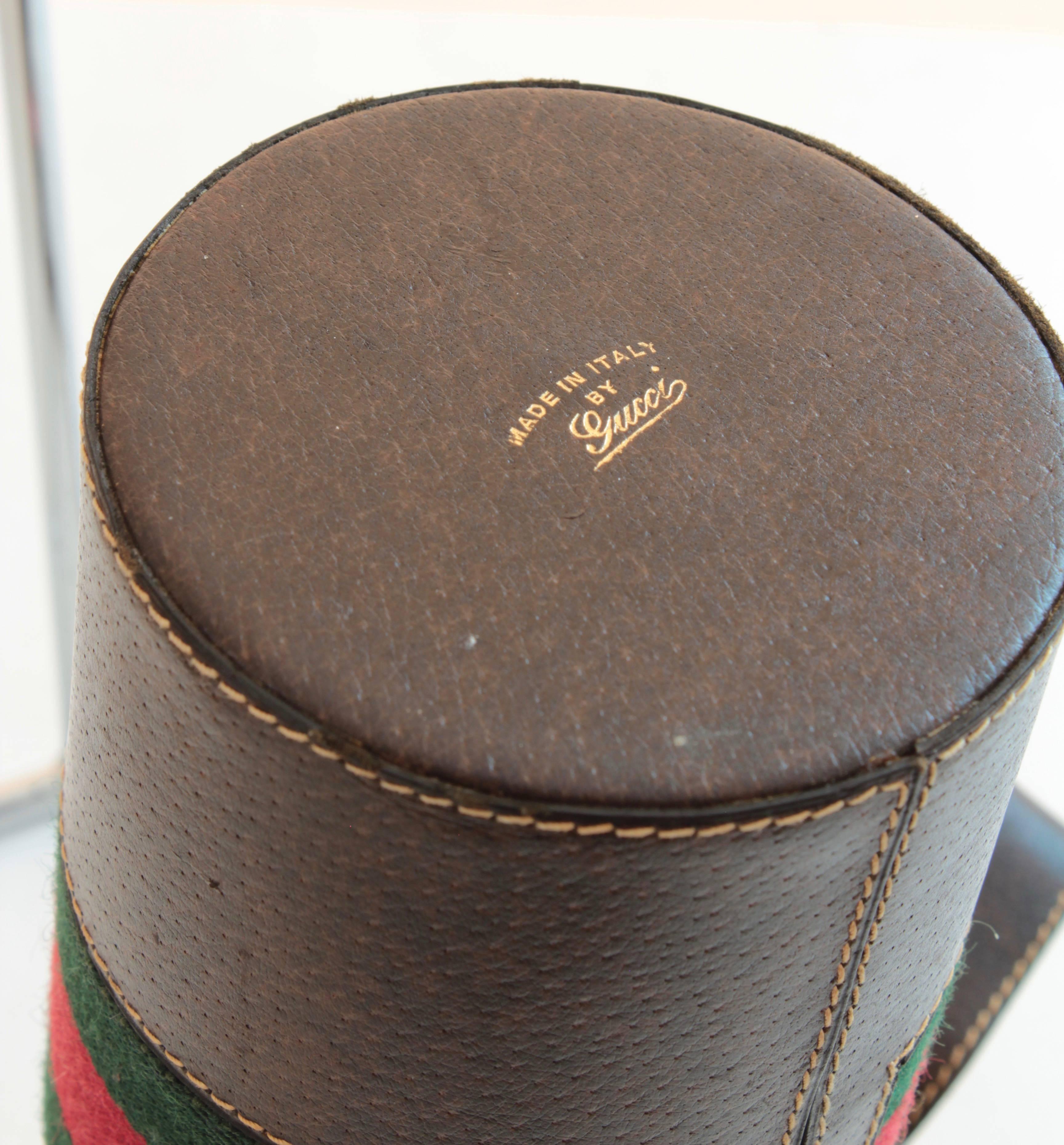 Gucci Brown Leather Thermos Tote Bag Red Green Webbing Barware 1970s 2