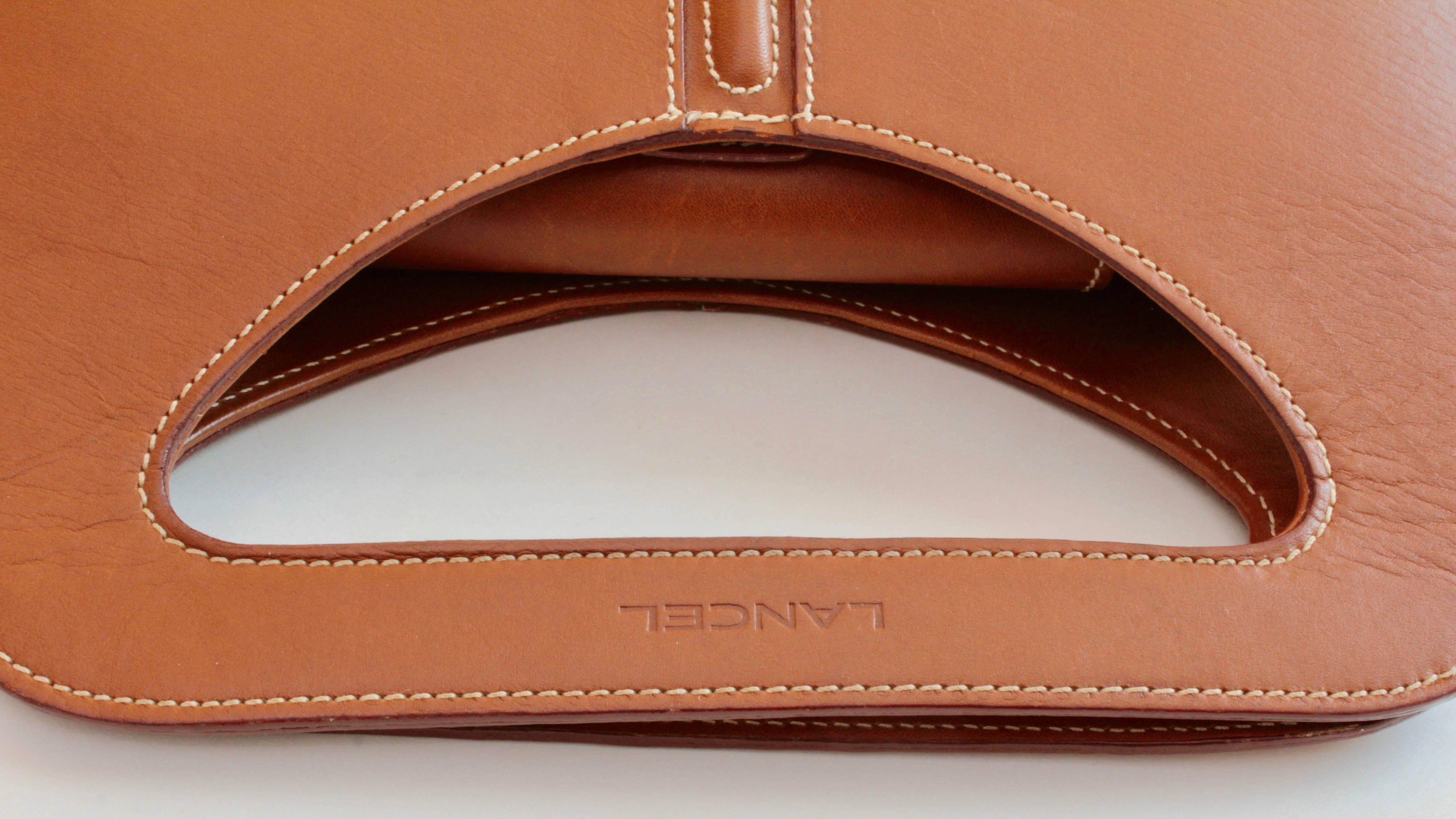 Women's Lancel Paris Bowler Style Tote Bag with Cut Out Handle Saddle Leather