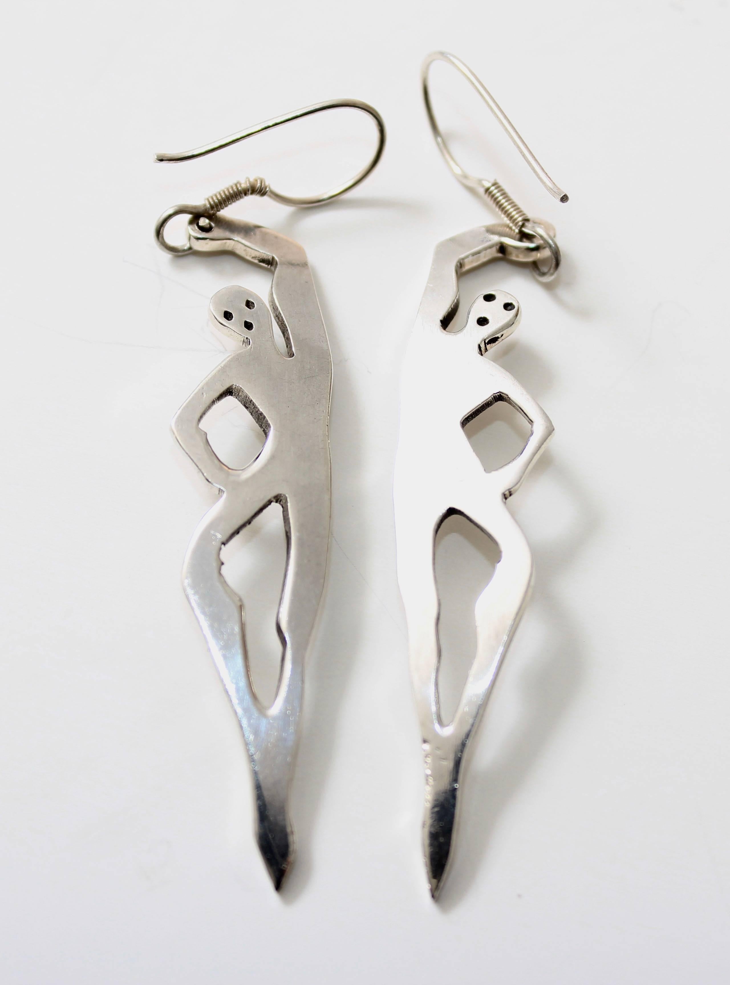 Women's or Men's Modernist Earrings Figural Dancers Long Dangle 2in Sterling Silver .925 Mexico