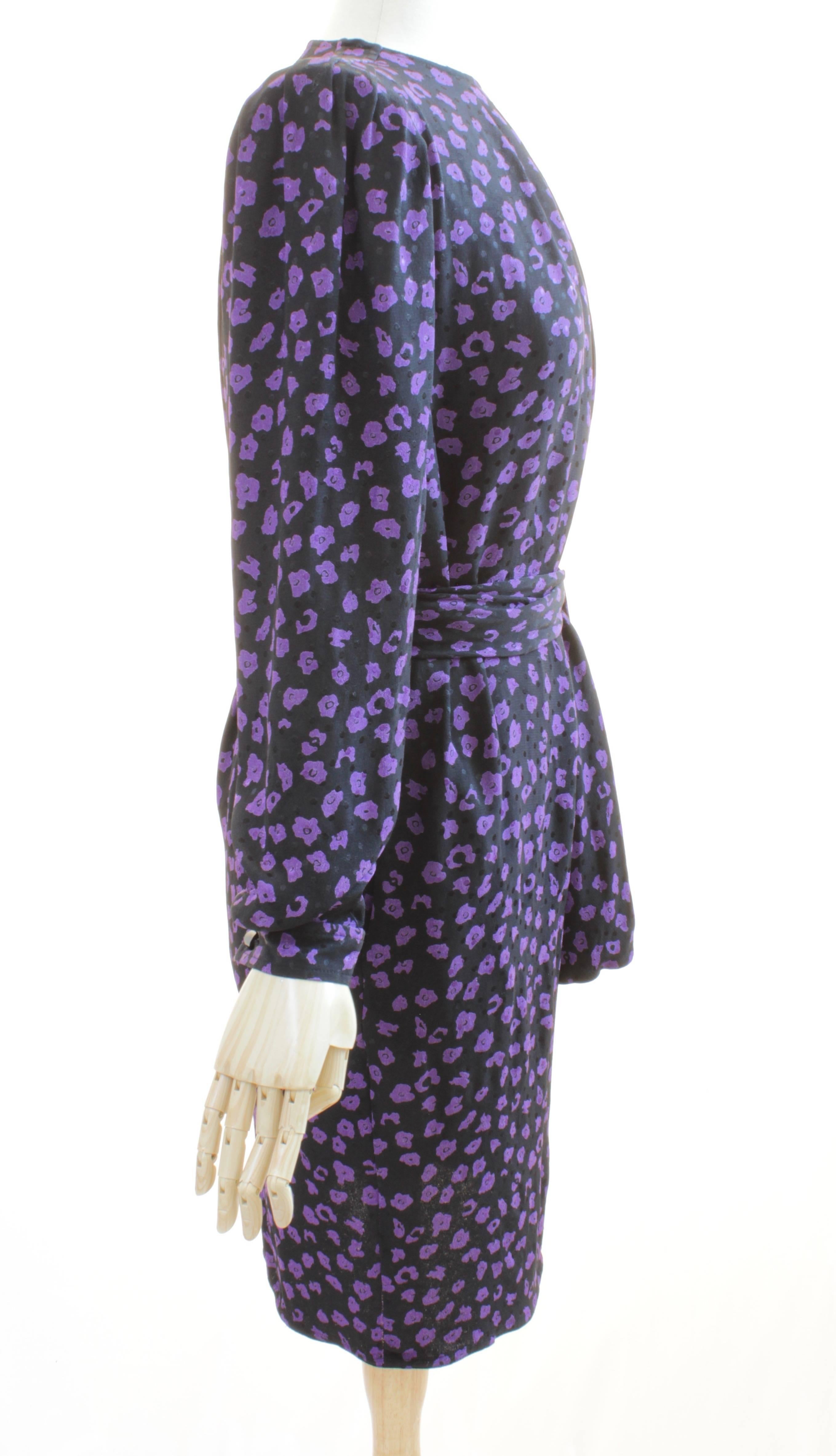 Women's Vintage Ungaro Belted Dress Silk Jacquard Purple Floral on Black Size 10