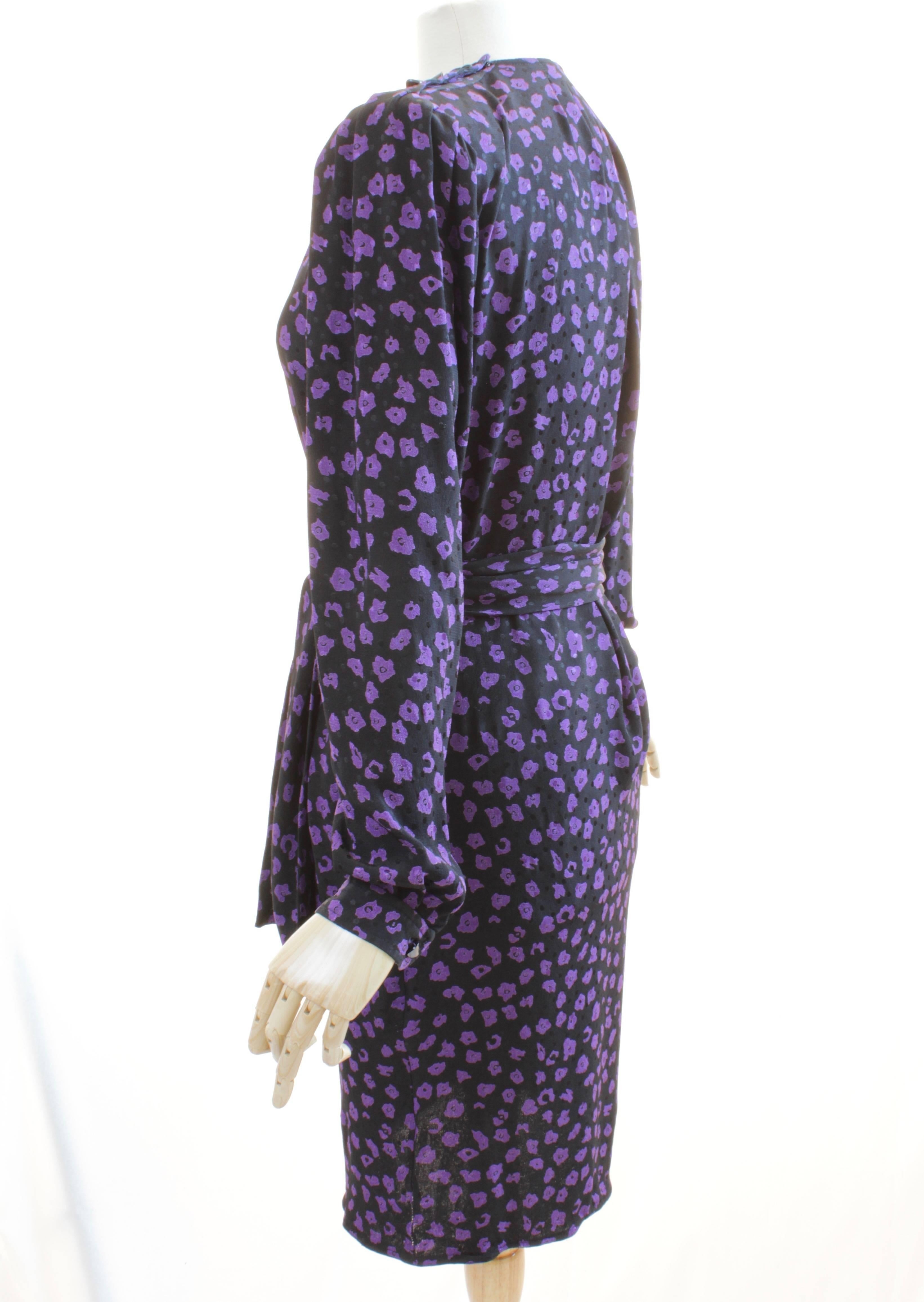 Vintage Ungaro Belted Dress Silk Jacquard Purple Floral on Black Size 10 2