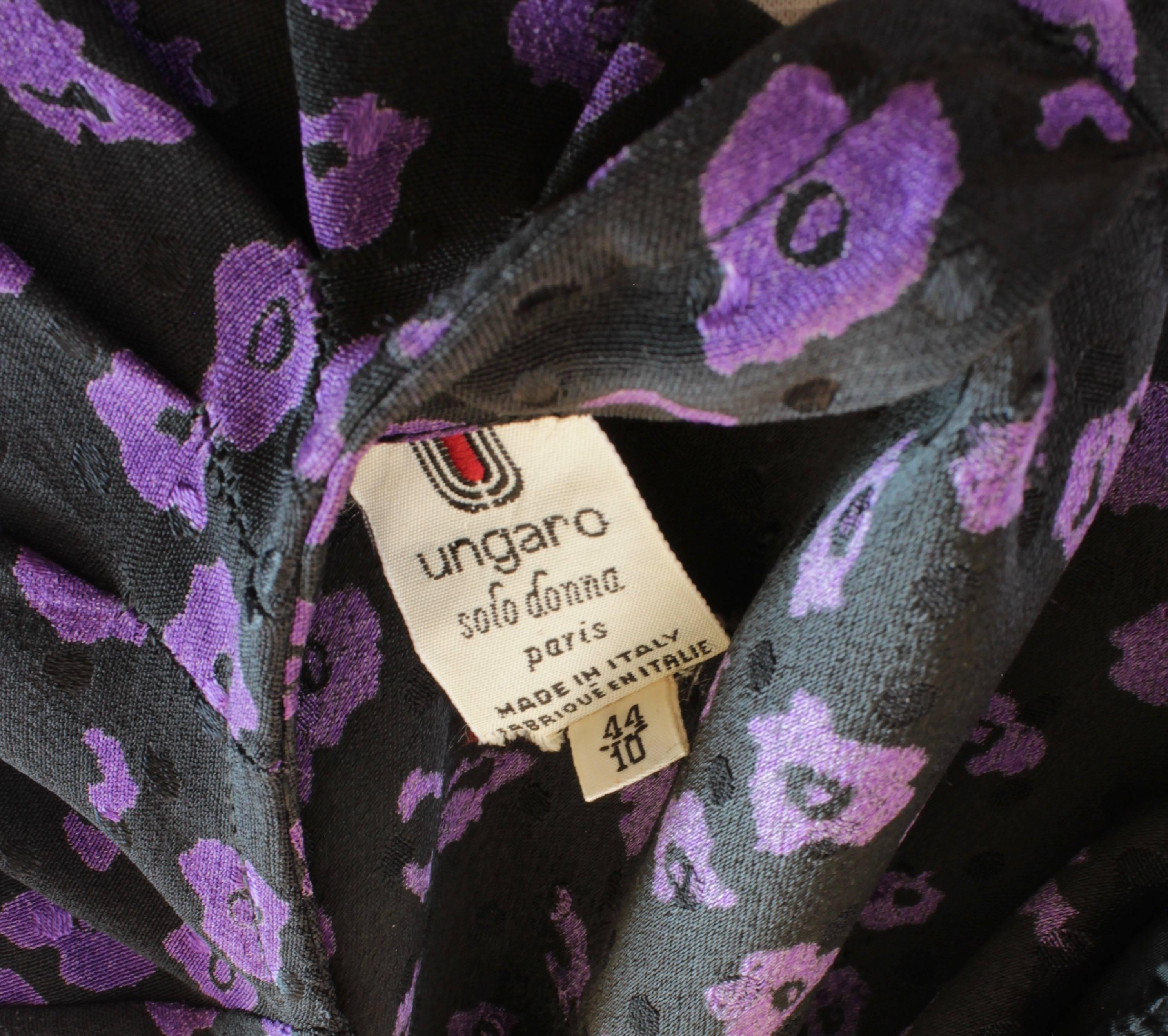 Vintage Ungaro Belted Dress Silk Jacquard Purple Floral on Black Size 10 4