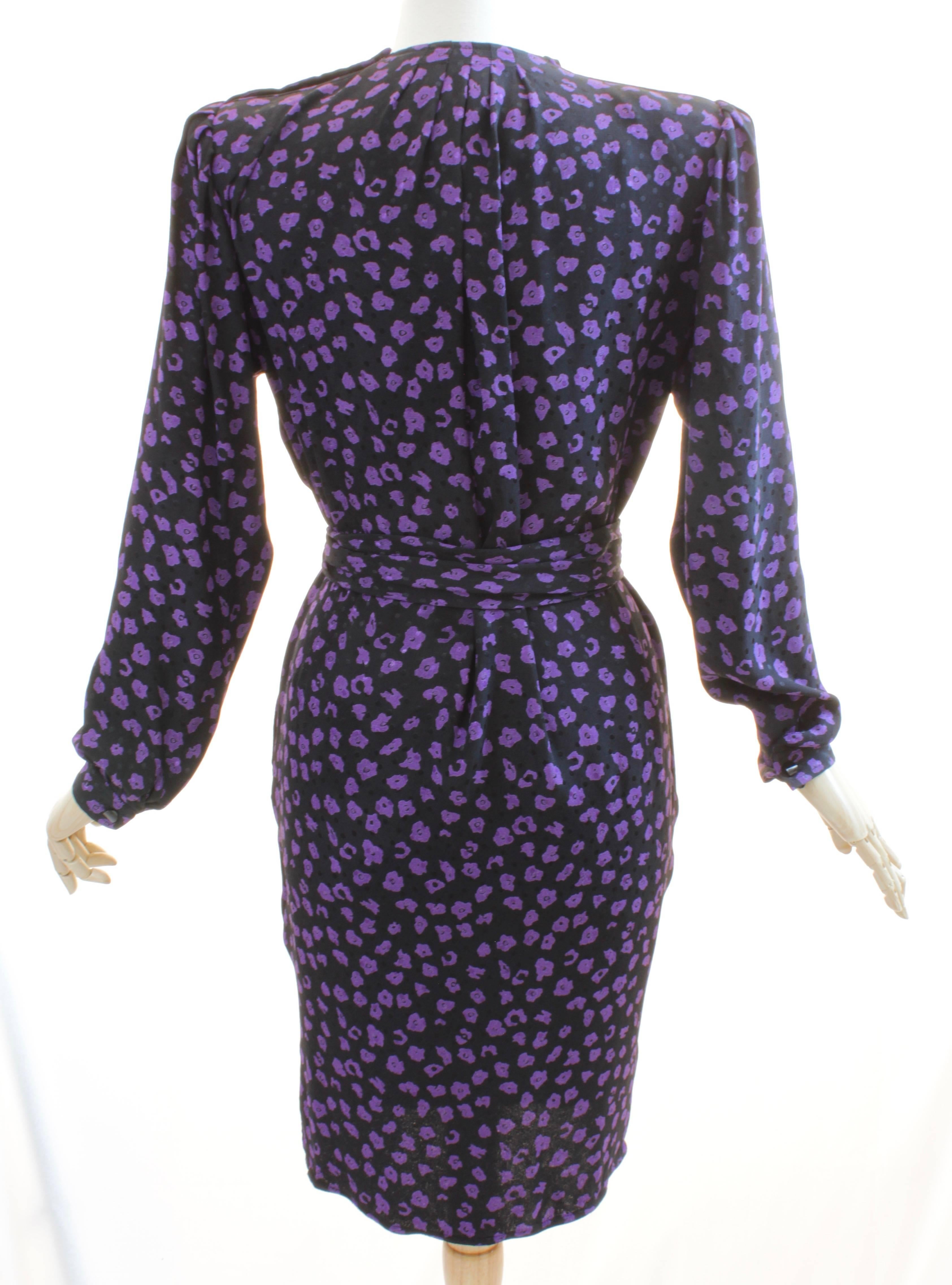 Vintage Ungaro Belted Dress Silk Jacquard Purple Floral on Black Size 10 1