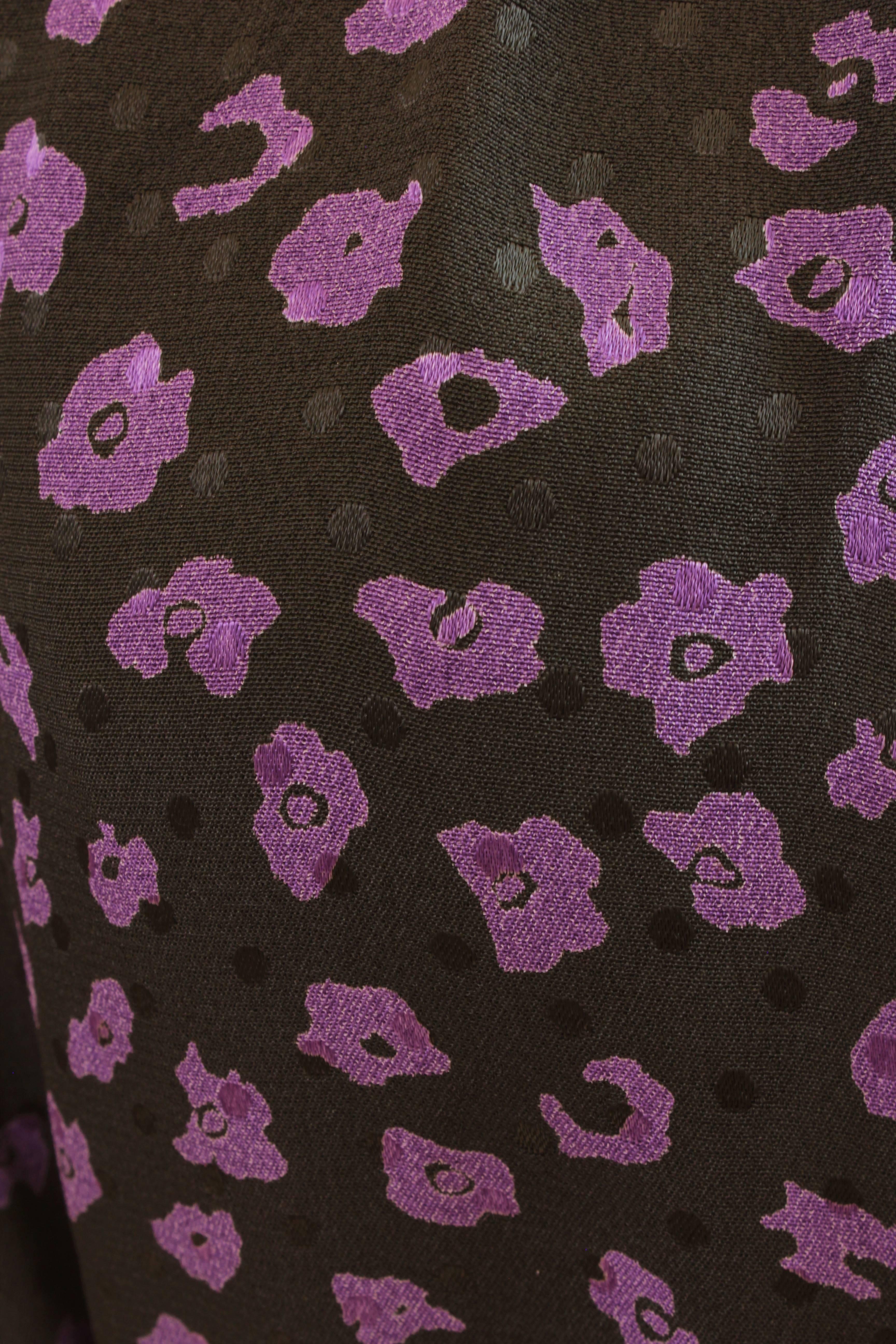 Vintage Ungaro Belted Dress Silk Jacquard Purple Floral on Black Size 10 3