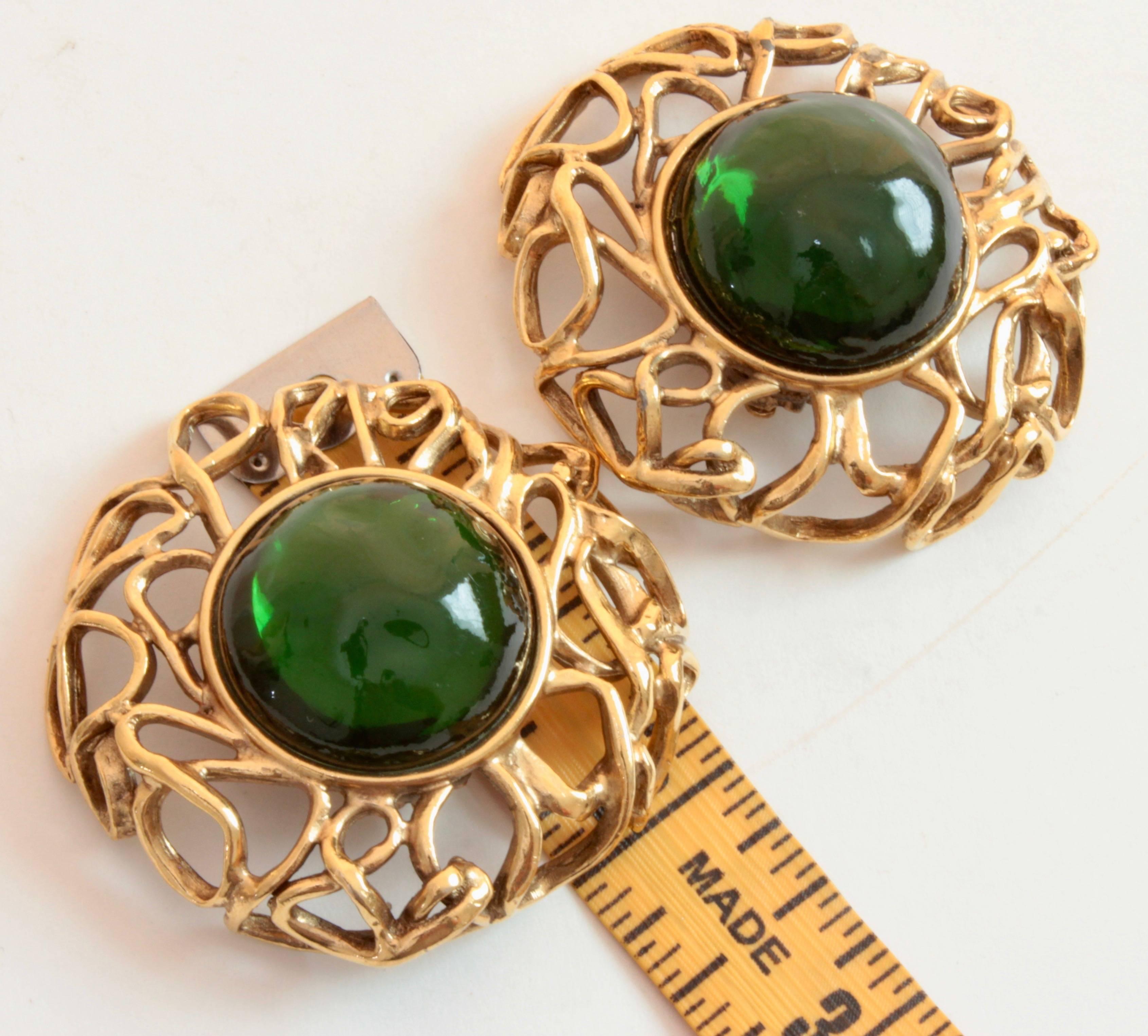 70s Yves Saint Laurent Large Earrings 2.5in Emerald Glass Cabochon Goossens YSL  In Good Condition In Port Saint Lucie, FL