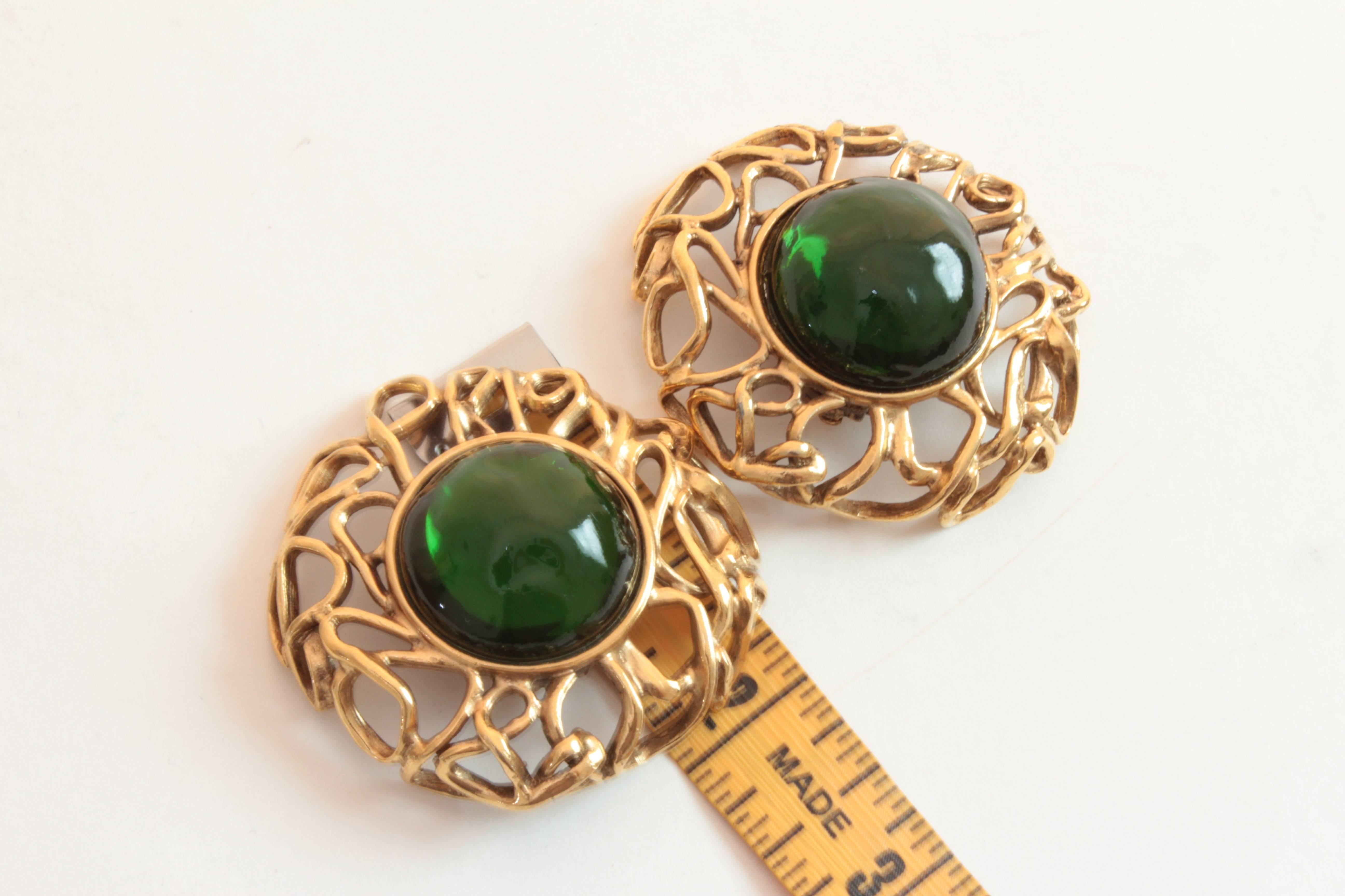 Women's 70s Yves Saint Laurent Large Earrings 2.5in Emerald Glass Cabochon Goossens YSL 
