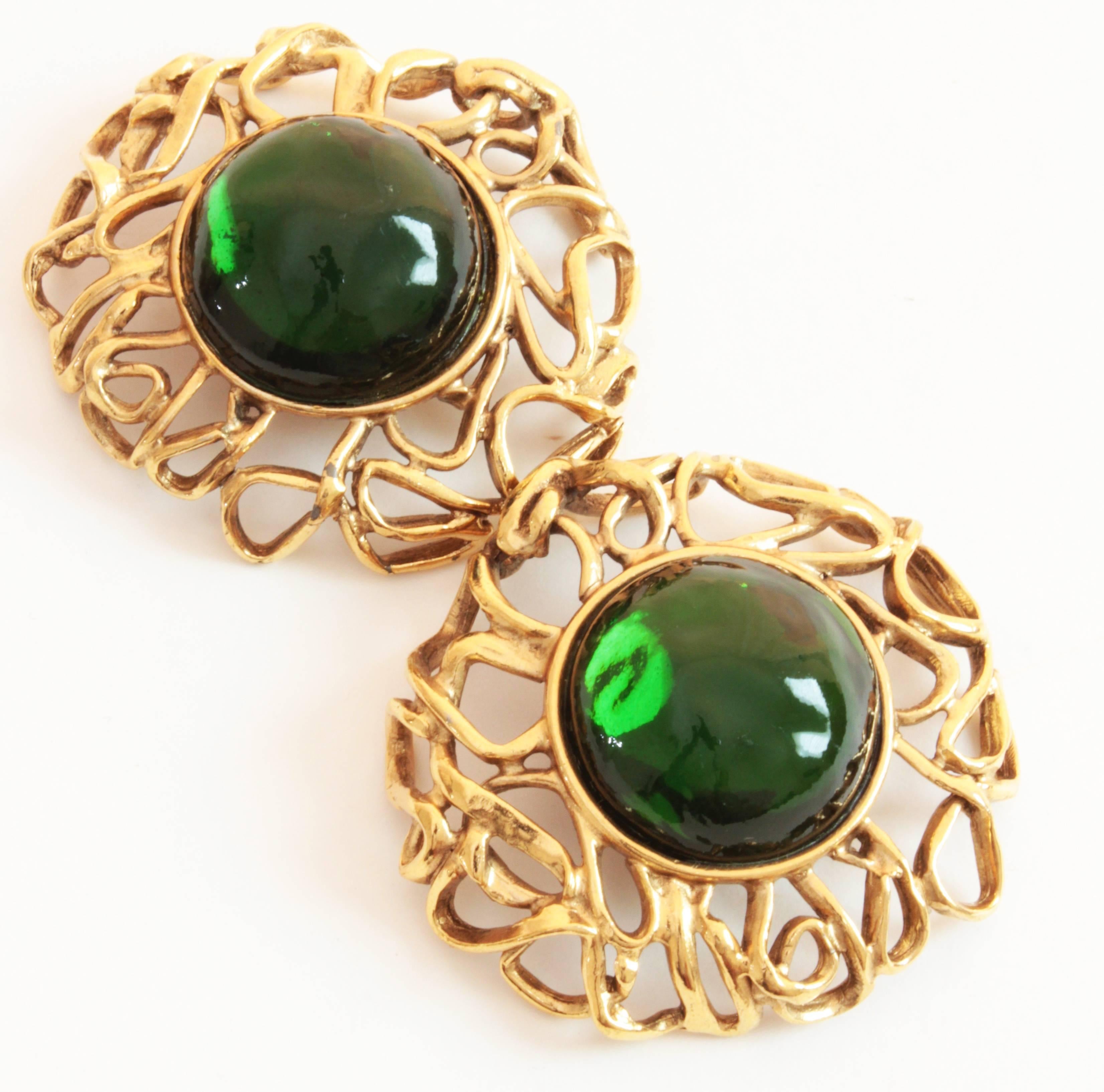 Contemporary 70s Yves Saint Laurent Large Earrings 2.5in Emerald Glass Cabochon Goossens YSL 