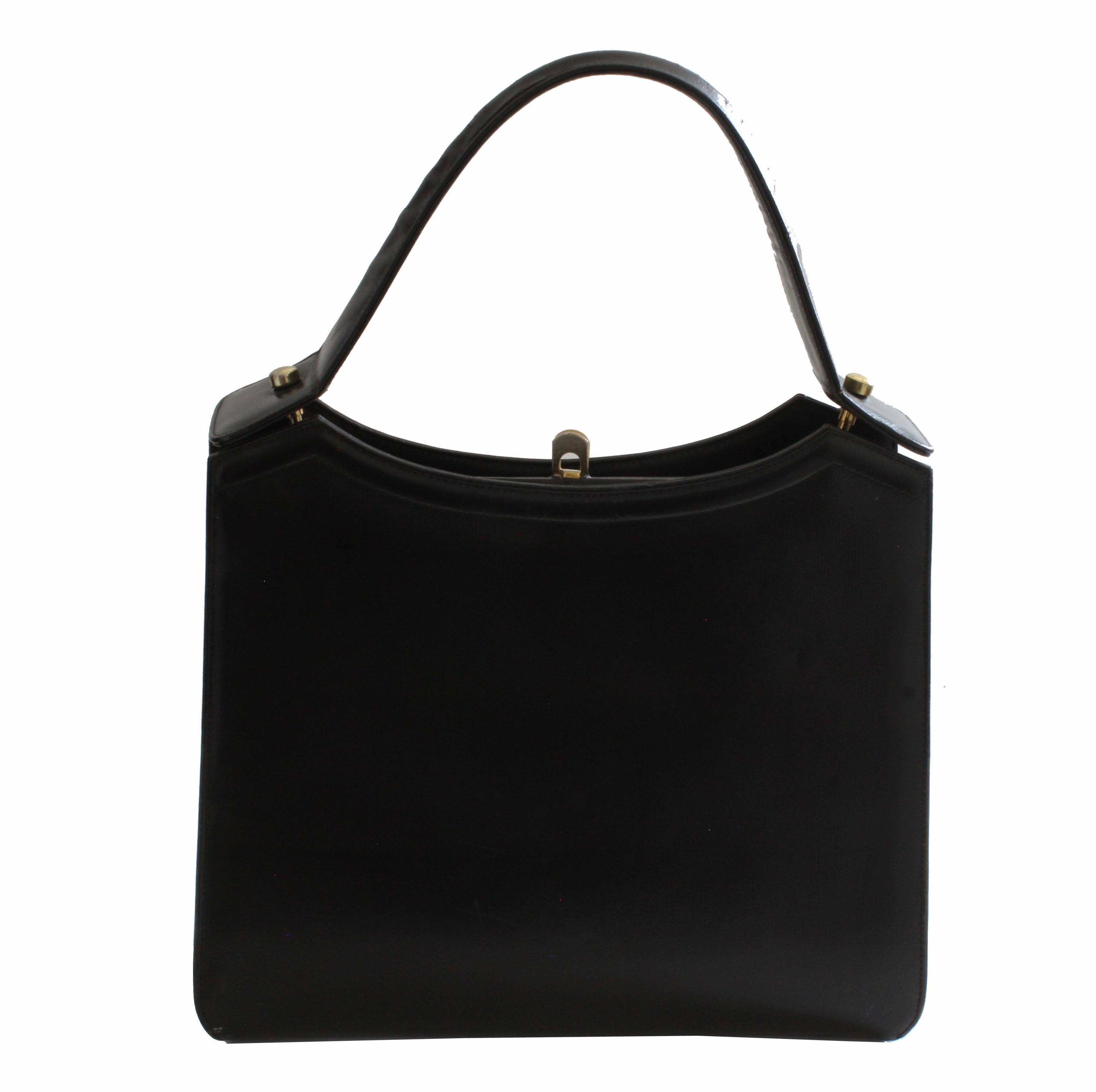 Coblentz Original Top Handle Bag Black Box Leather Structured Bag, 1960s  In Good Condition In Port Saint Lucie, FL