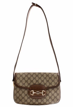 Gucci Shoulder Bag Logo Canvas Brown Leather Trim with Horse Bit Flap 1970s Rare