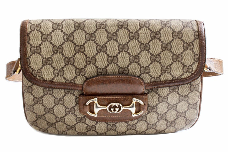 Gucci Shoulder Bag Logo Canvas Brown Leather Trim with Horse Bit Flap ...