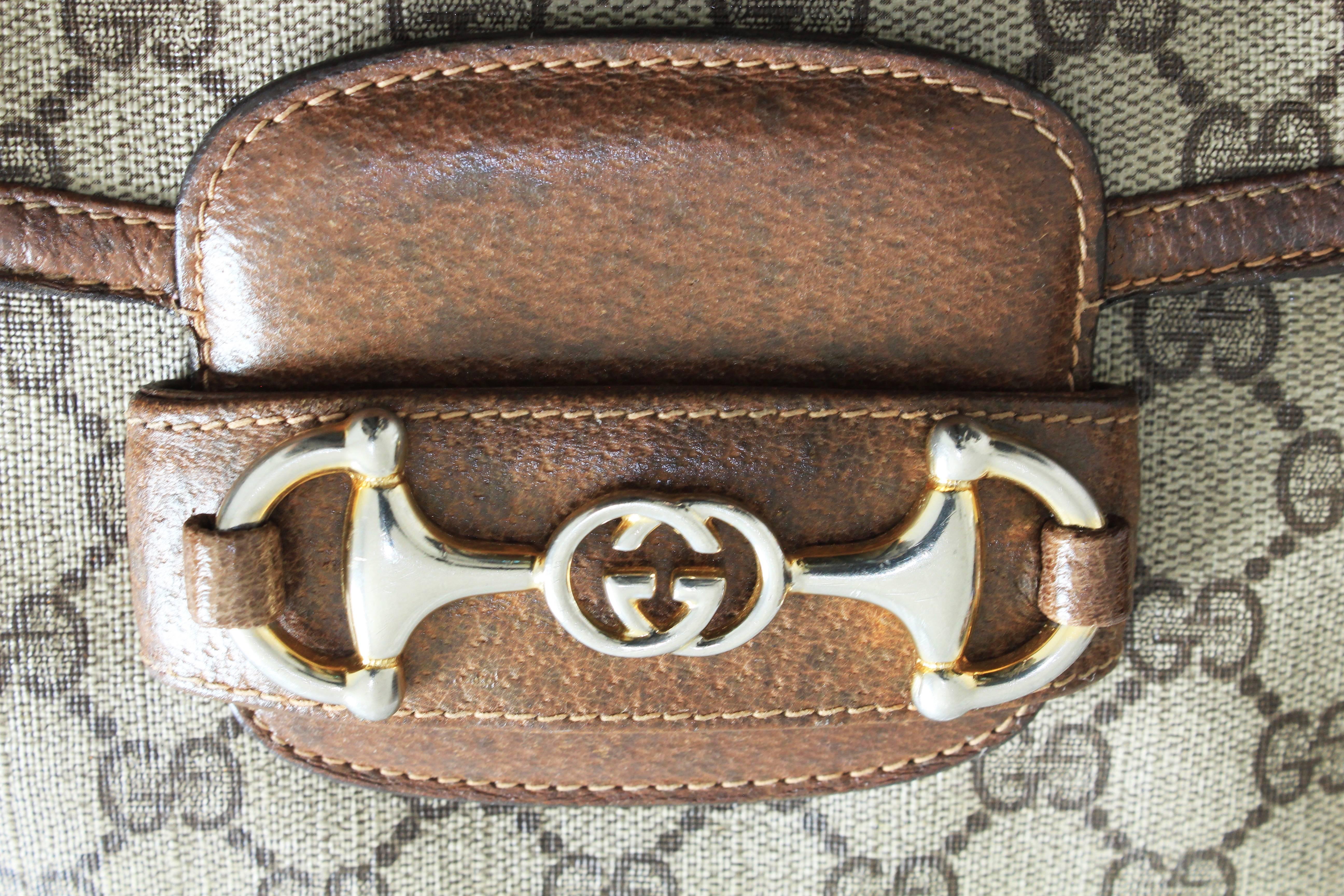 Gucci Shoulder Bag Logo Canvas Brown Leather Trim with Horse Bit Flap 1970s Rare 3