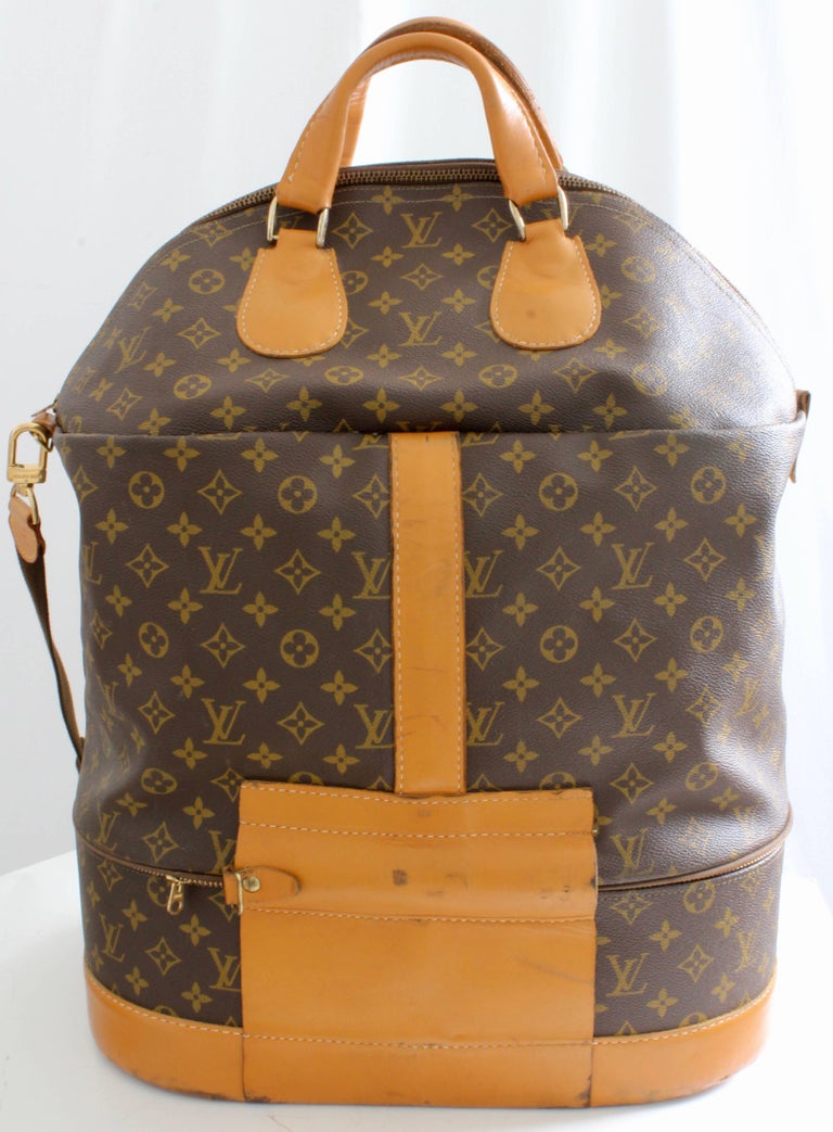 LOUIS VUITTON Monogram Denim Logo Gold Tan Leather Backpack Shoulder Bag  For Sale at 1stDibs