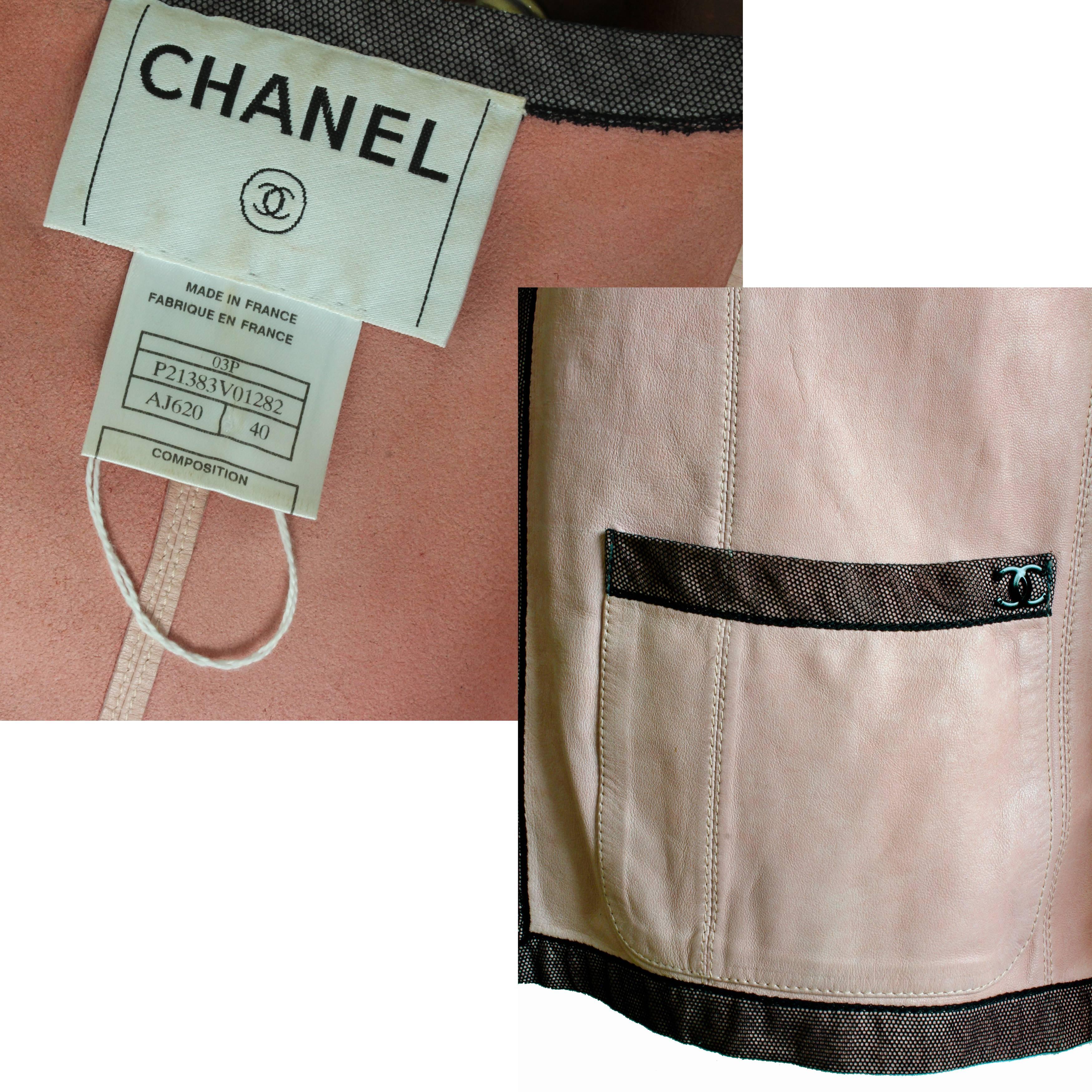 Rare Chanel Pink Lambskin Leather Jacket Lace Trim 03P Runway Collection Size 40 3