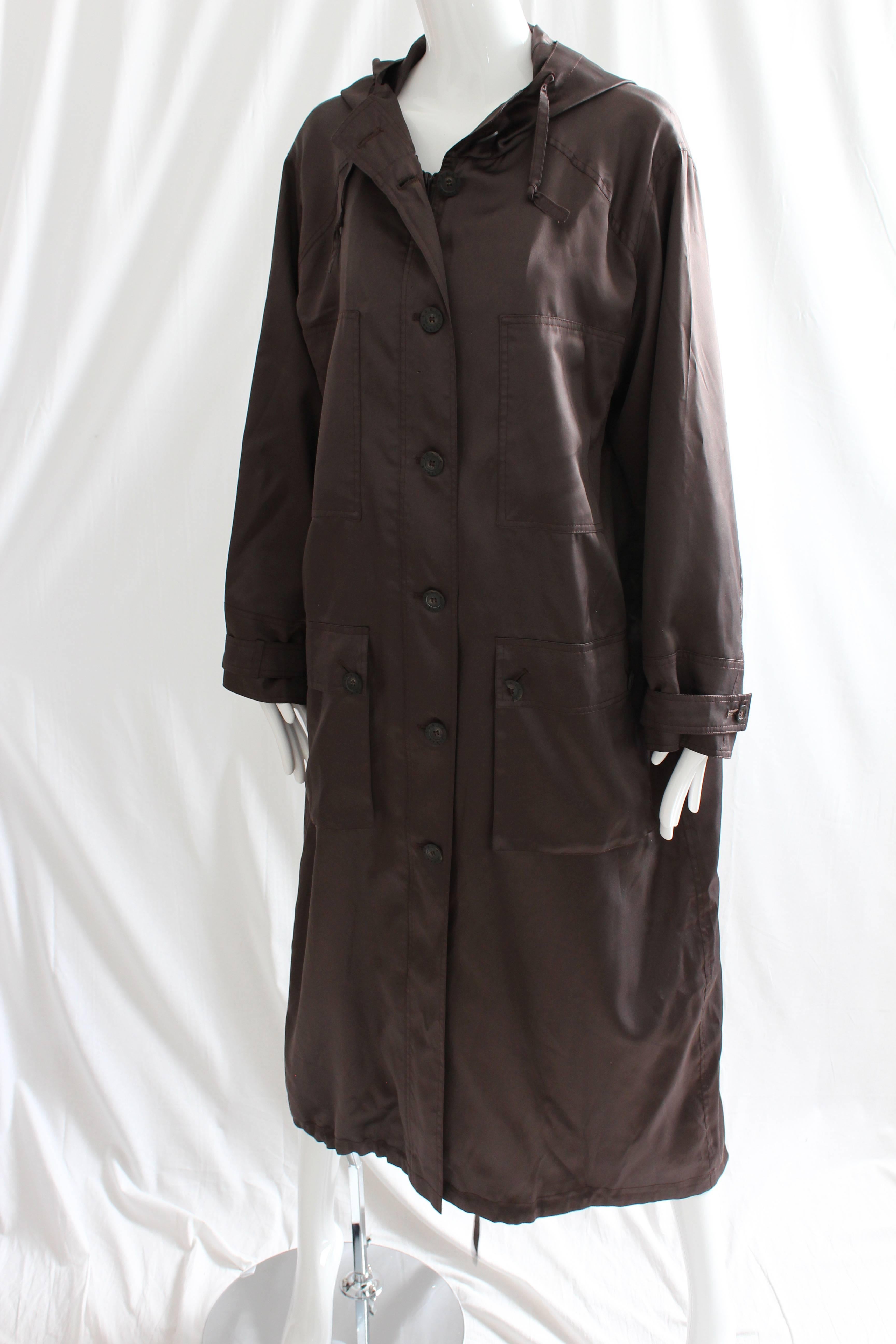 Women's Sonia Rykiel Brown Satin Trench Coat with Hood, 1990s 