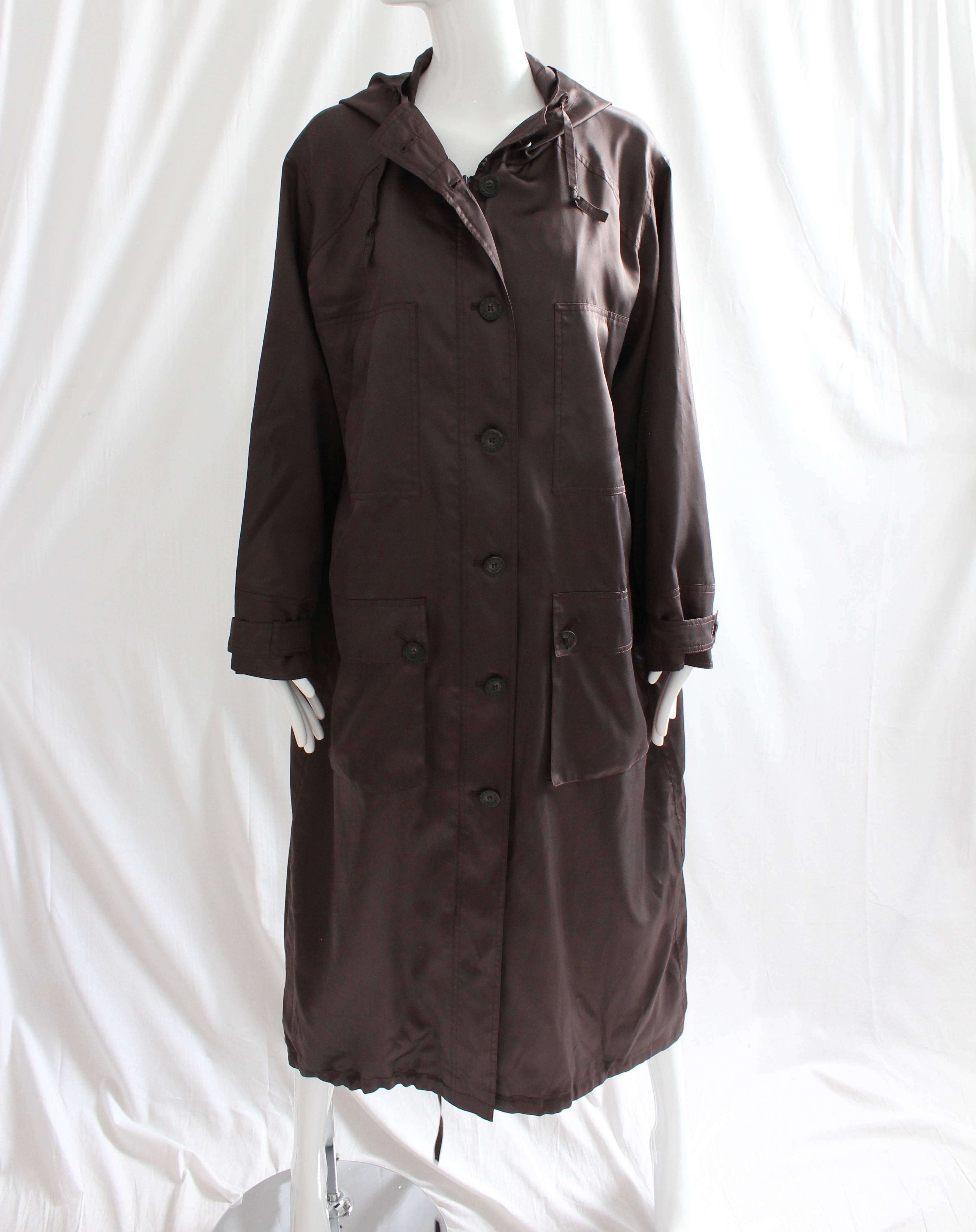 Black Sonia Rykiel Brown Satin Trench Coat with Hood, 1990s 