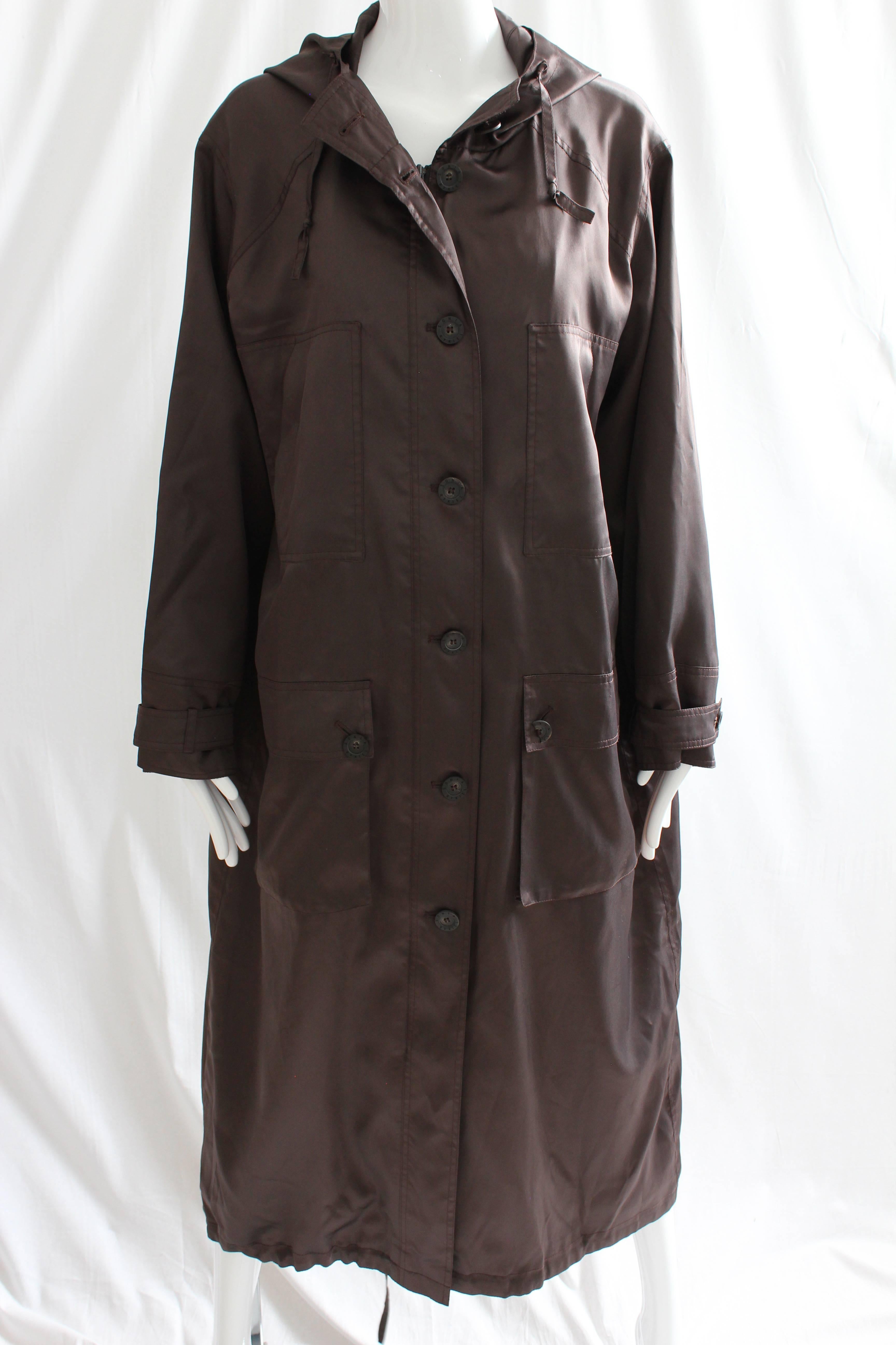 Sonia Rykiel Brown Satin Trench Coat with Hood, 1990s  In Good Condition In Port Saint Lucie, FL